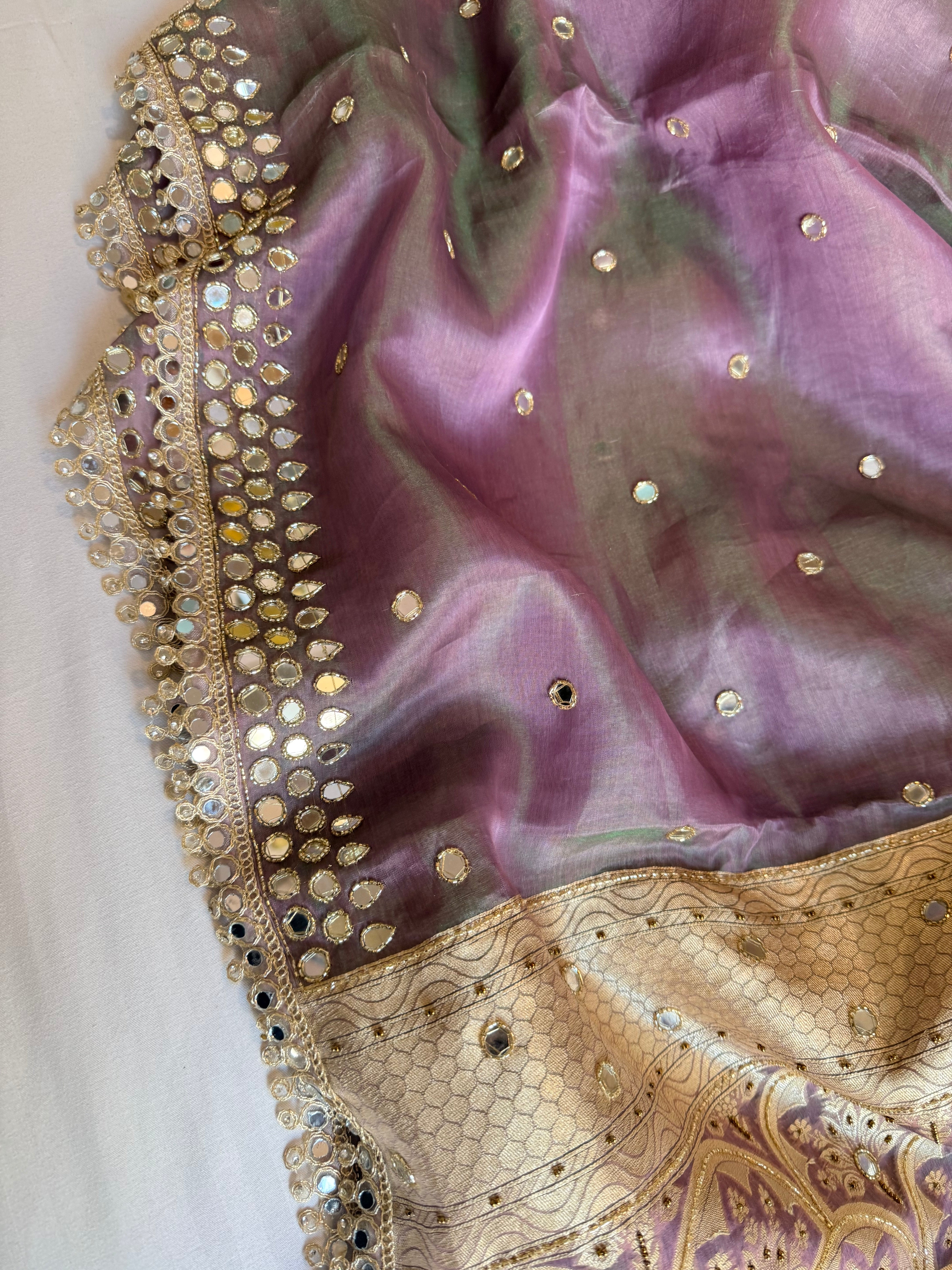 Dhup chao effect tissue silk mirrorwork hand embroidered Paithani pallu kadhwa saree
