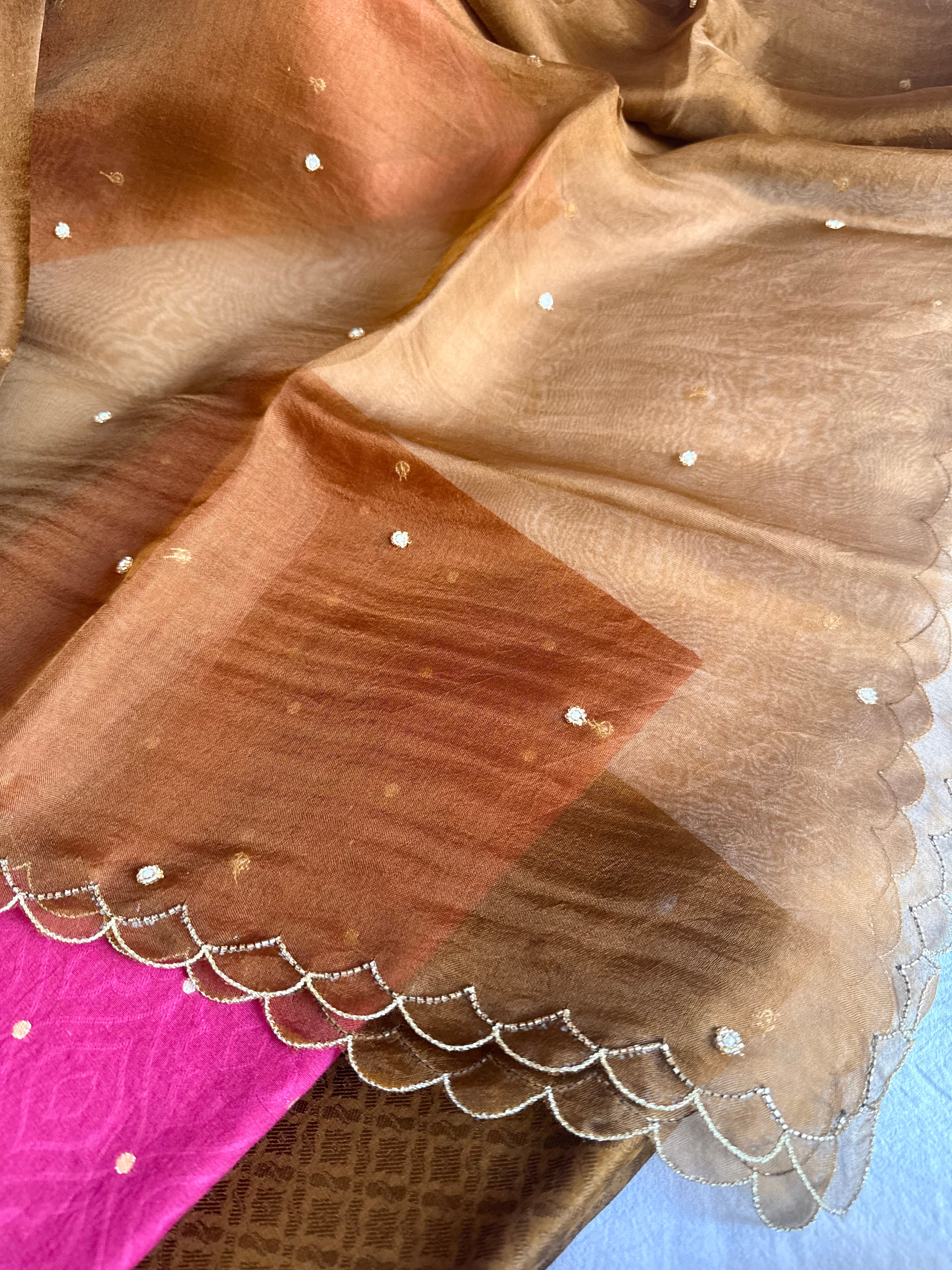 Summer suits under 8k - Mul cotton hot pink pink kurta paired with chocolate scalloped kora silk duppata