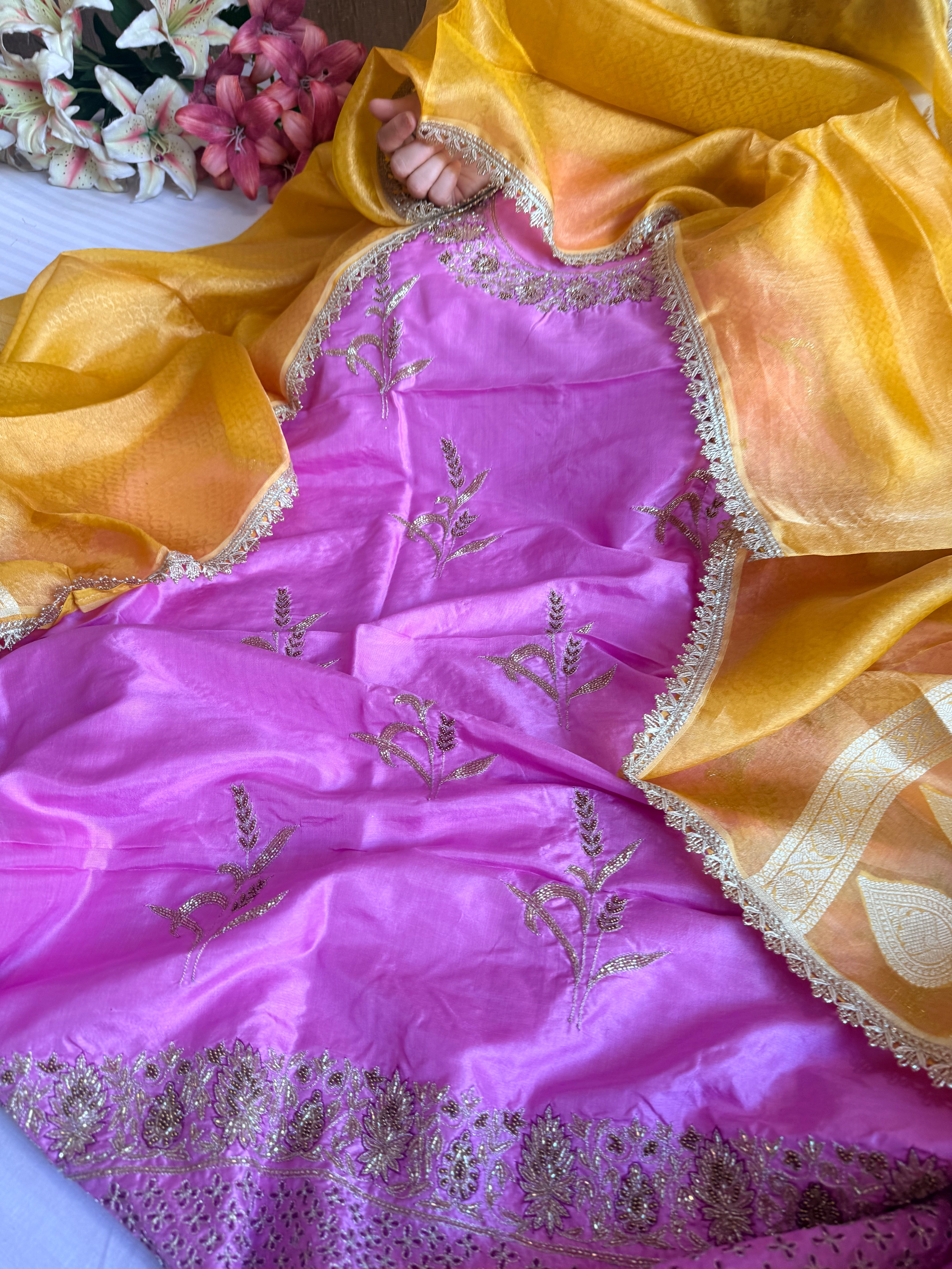 Barbie pink - haldi yellow chiniya silk kadhwa buta kurta paired with kora silk red duppata