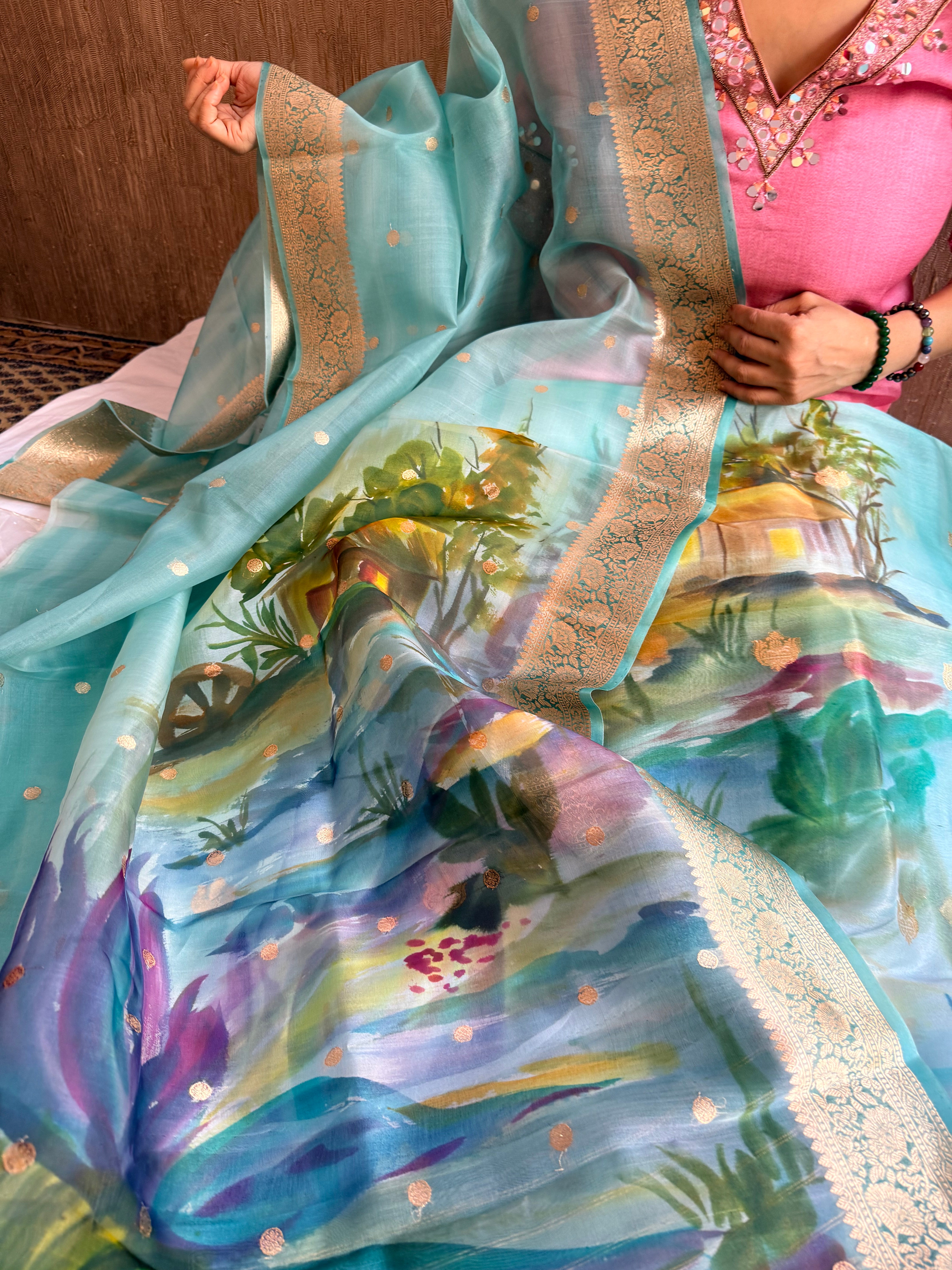 Banarasi kora silk handpainted ghatwork kadhwa buti rainbow dye suits