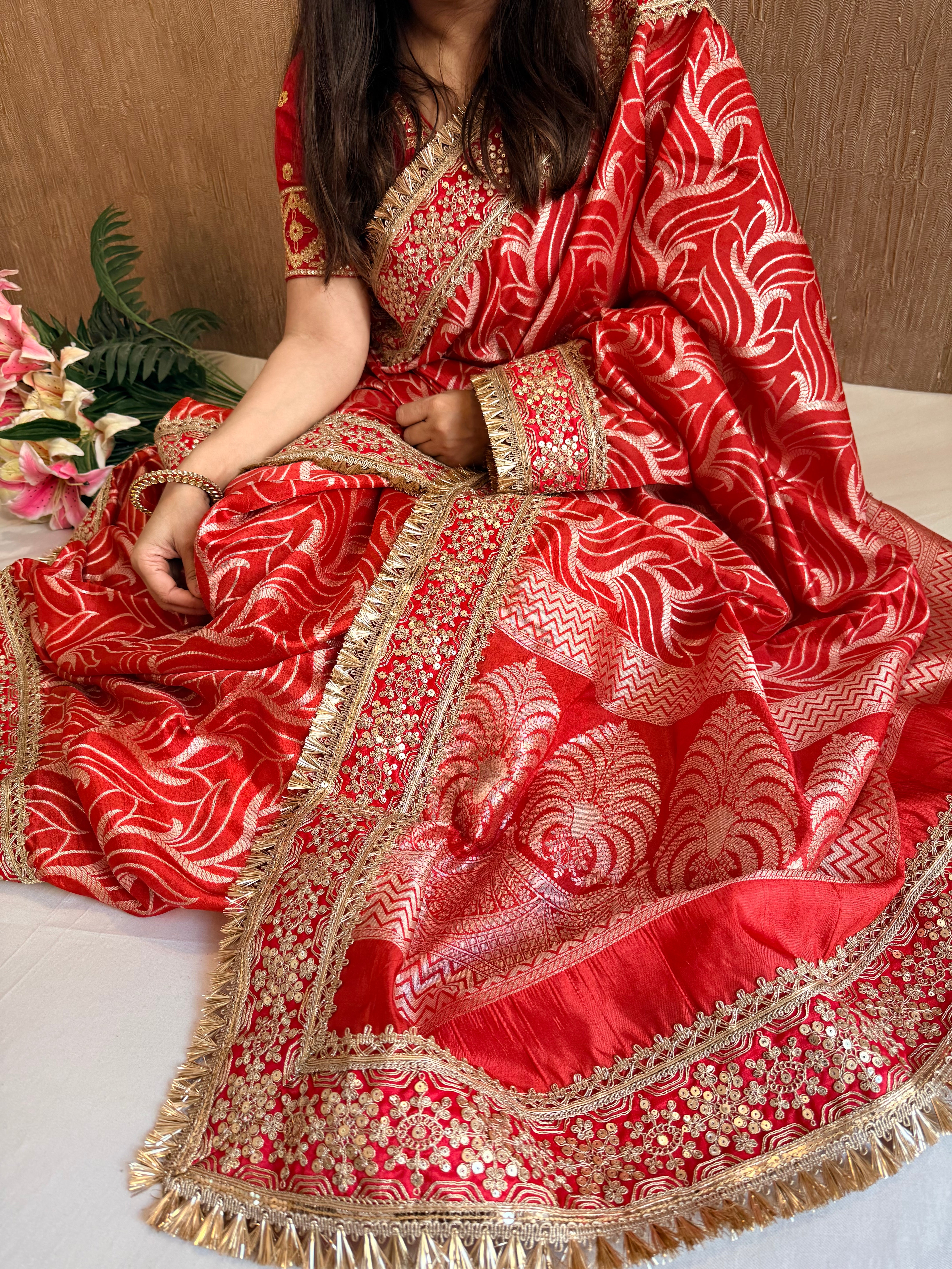 Bridal red raw mango soft silk tissue silk abstract weaving saree
