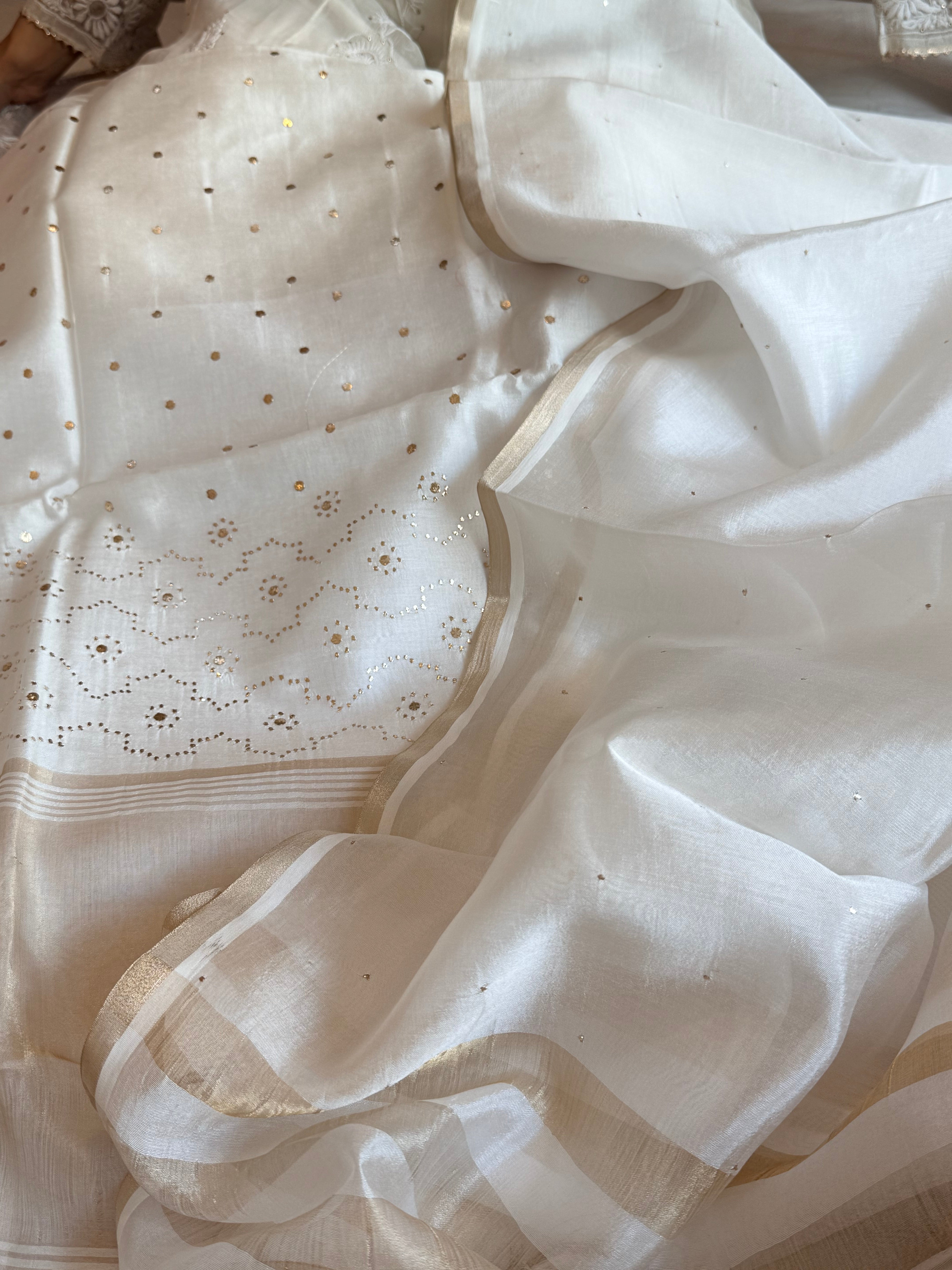 Pearl white spun chiniya silk mukaish hand embroidered suit sets