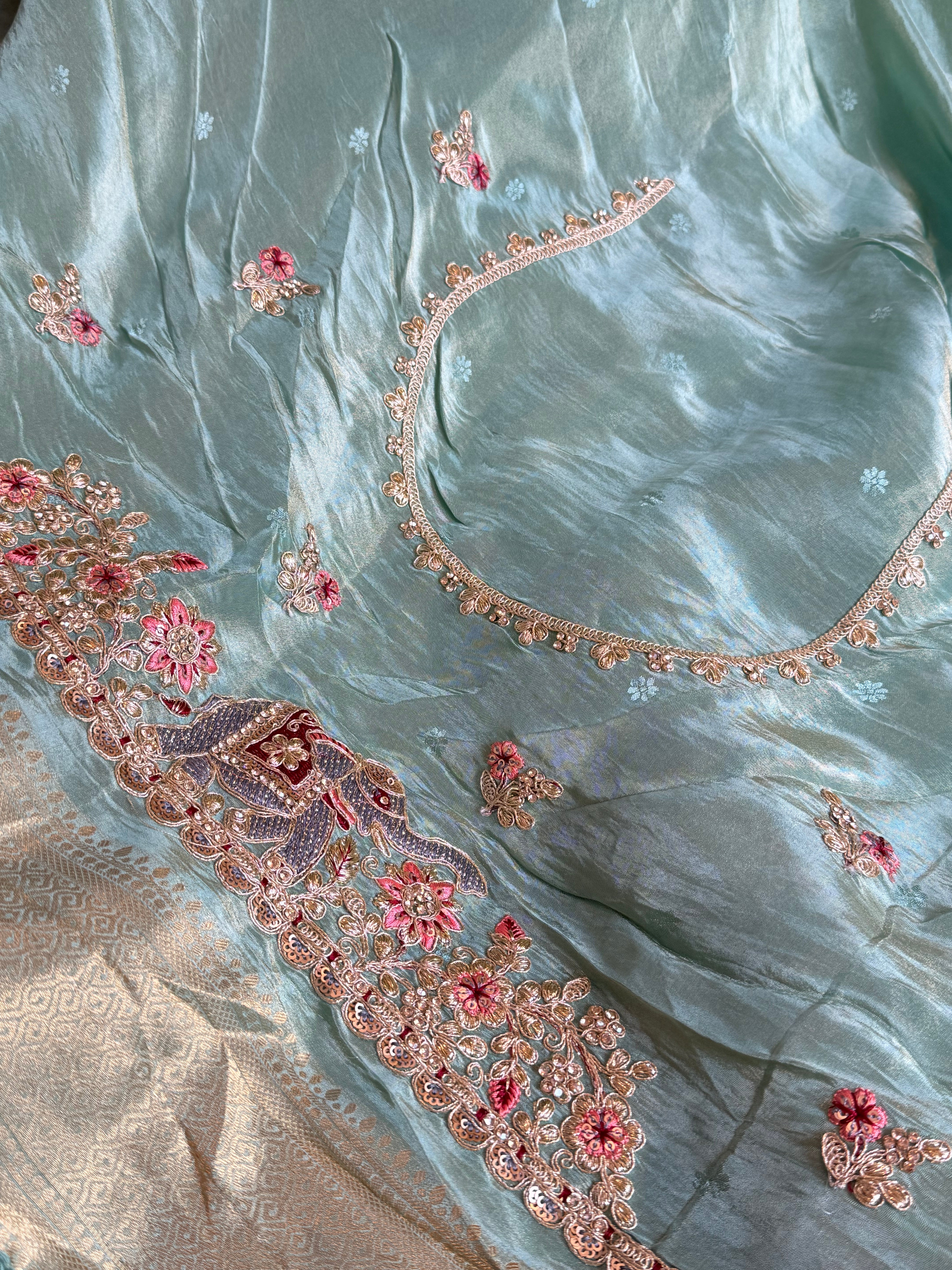 Sea blue hathi wali crepe tissue embroidered saree