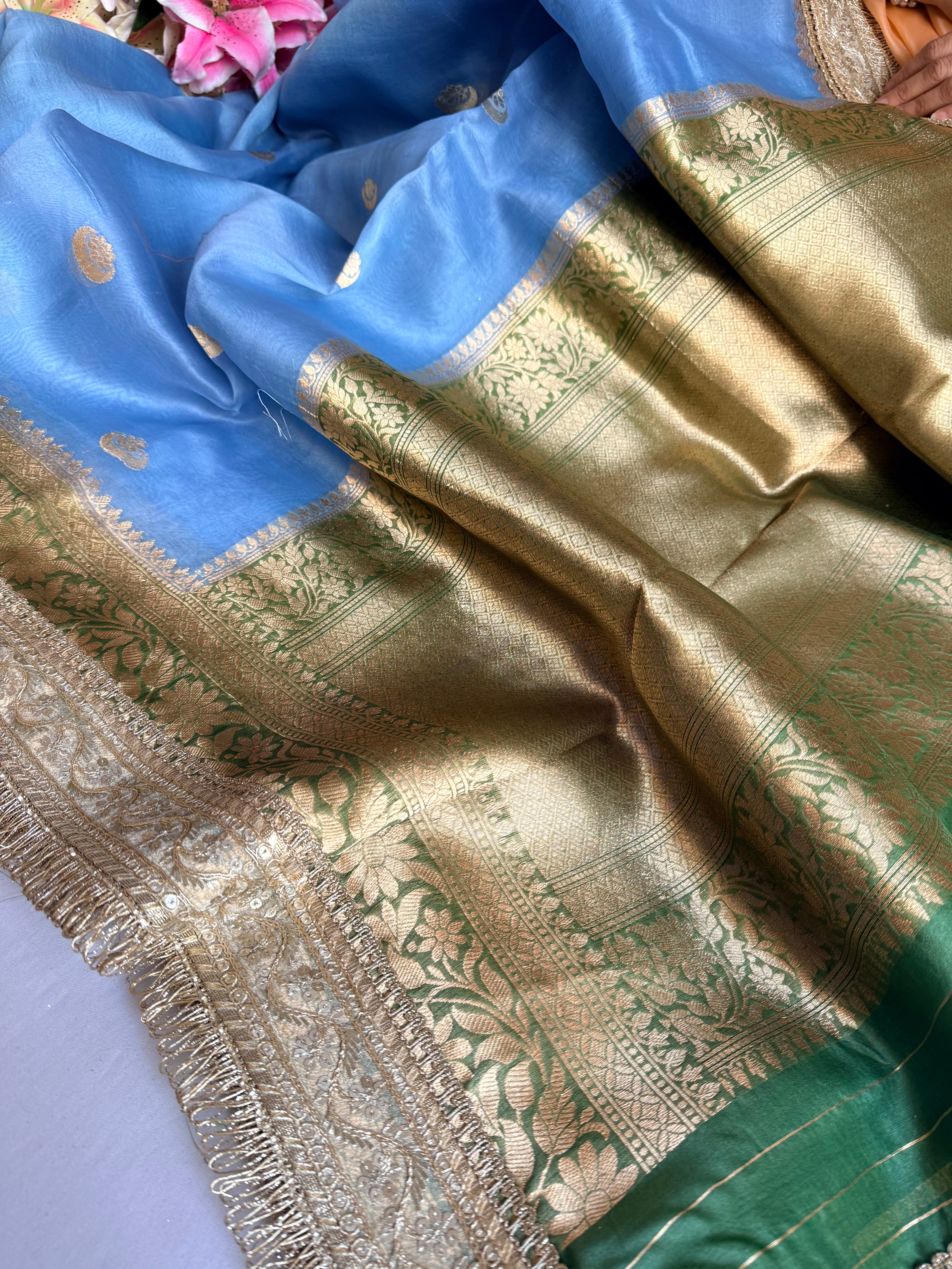 Banarasi leela water blue-green kora silk kadhwa saree