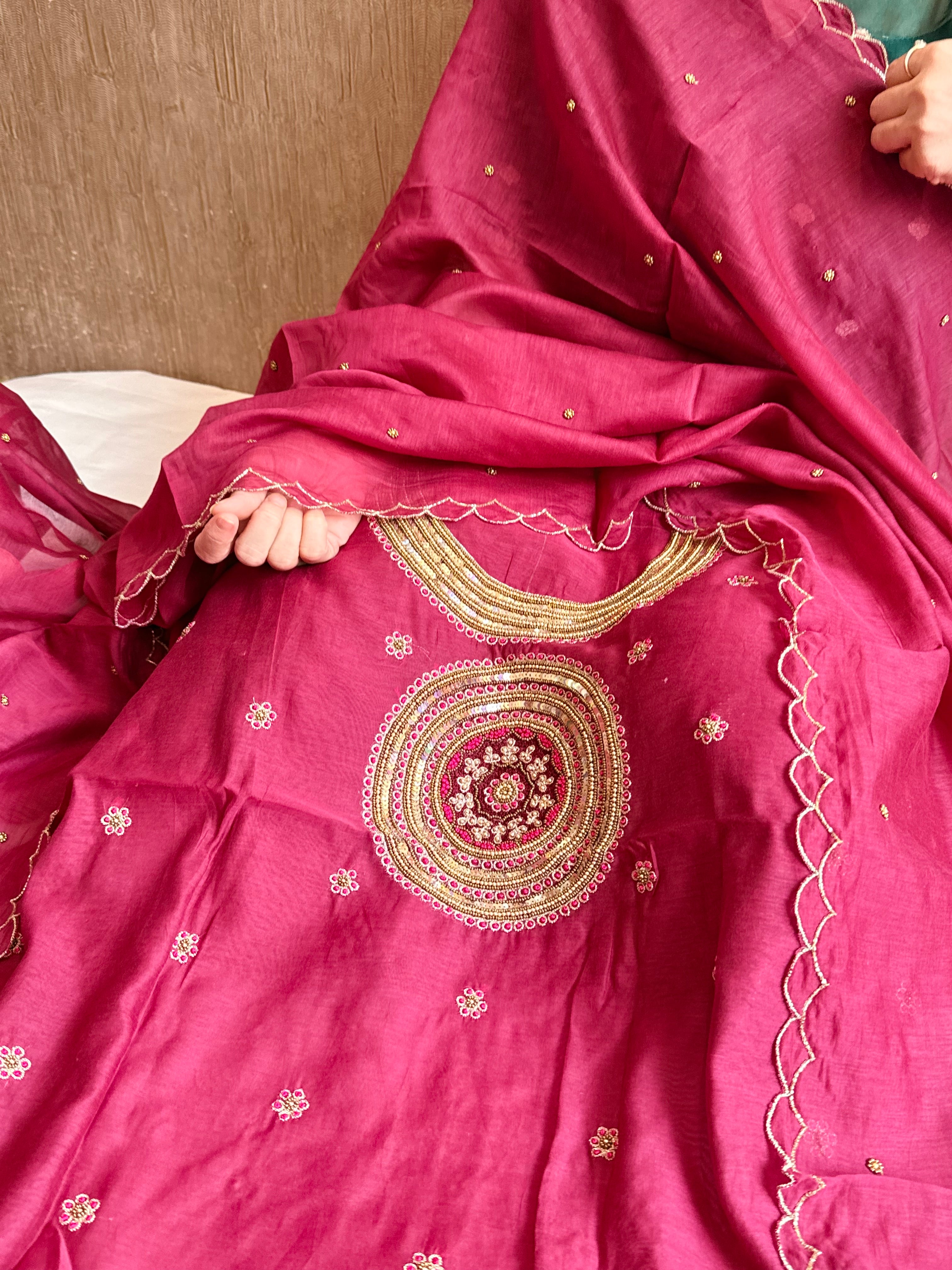 Mul cotton mandala inspired hand embroidered kadhwa suit set