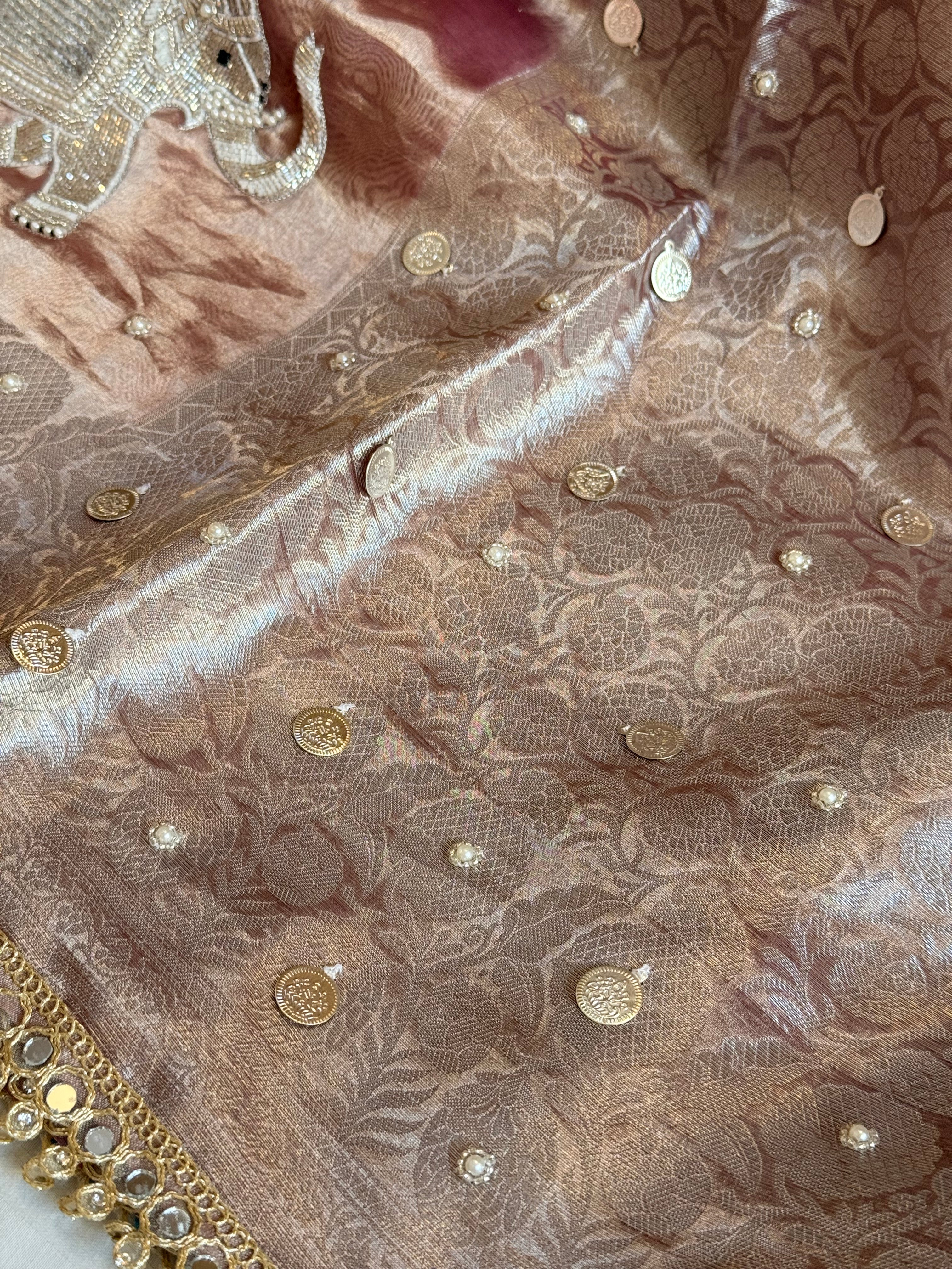 Gulabi jadau edit - Rose peach tissue silk jadau work hand embroidered saree