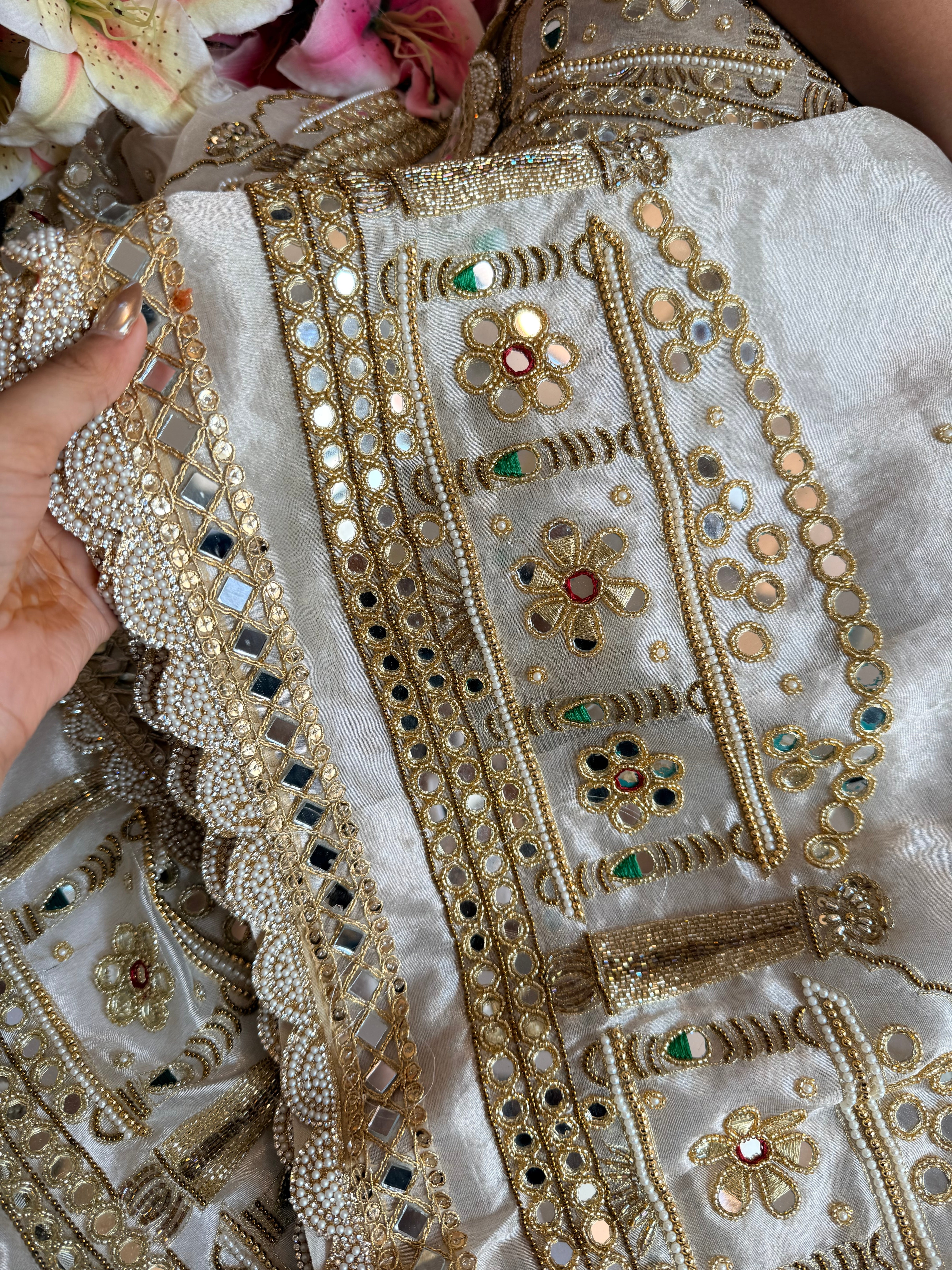 Hawamahal diamond tissue silk mirror work hand embroidered kadhwa saree