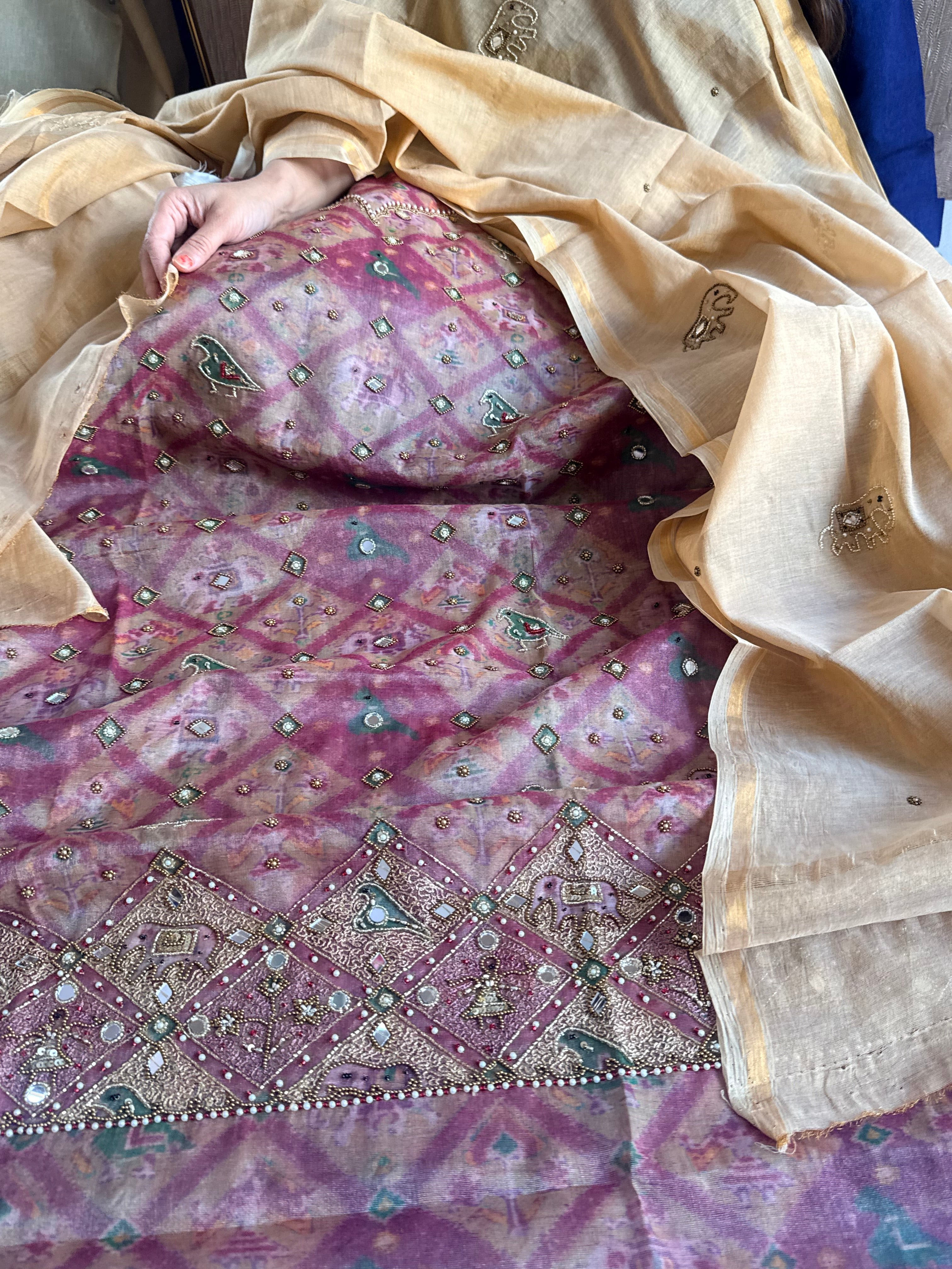 Patola weaving hand embroidered mul cotton tissue suit sets
