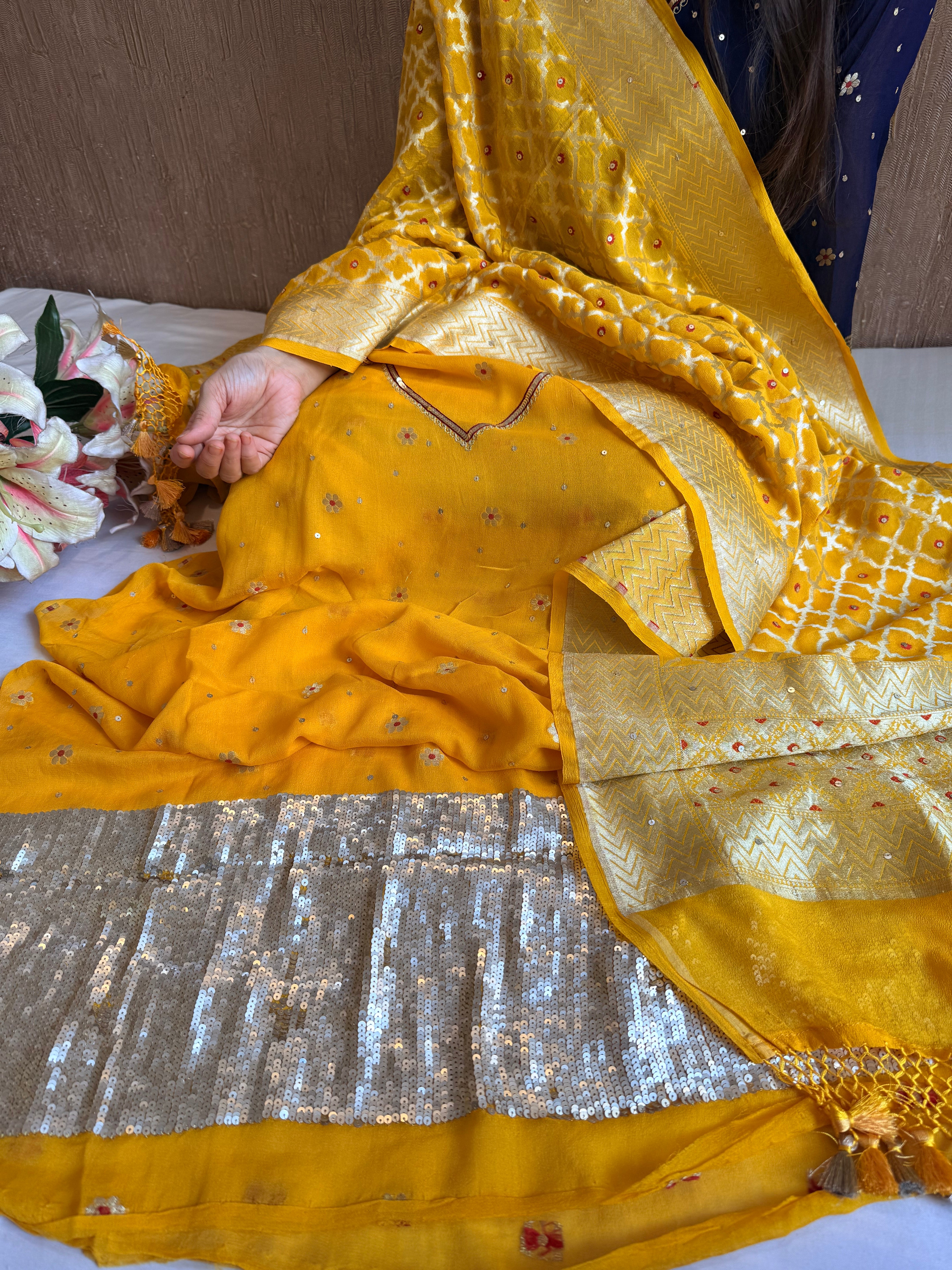 Haldi yellow salma sitara chiffon gorgette hand embroidered suit set