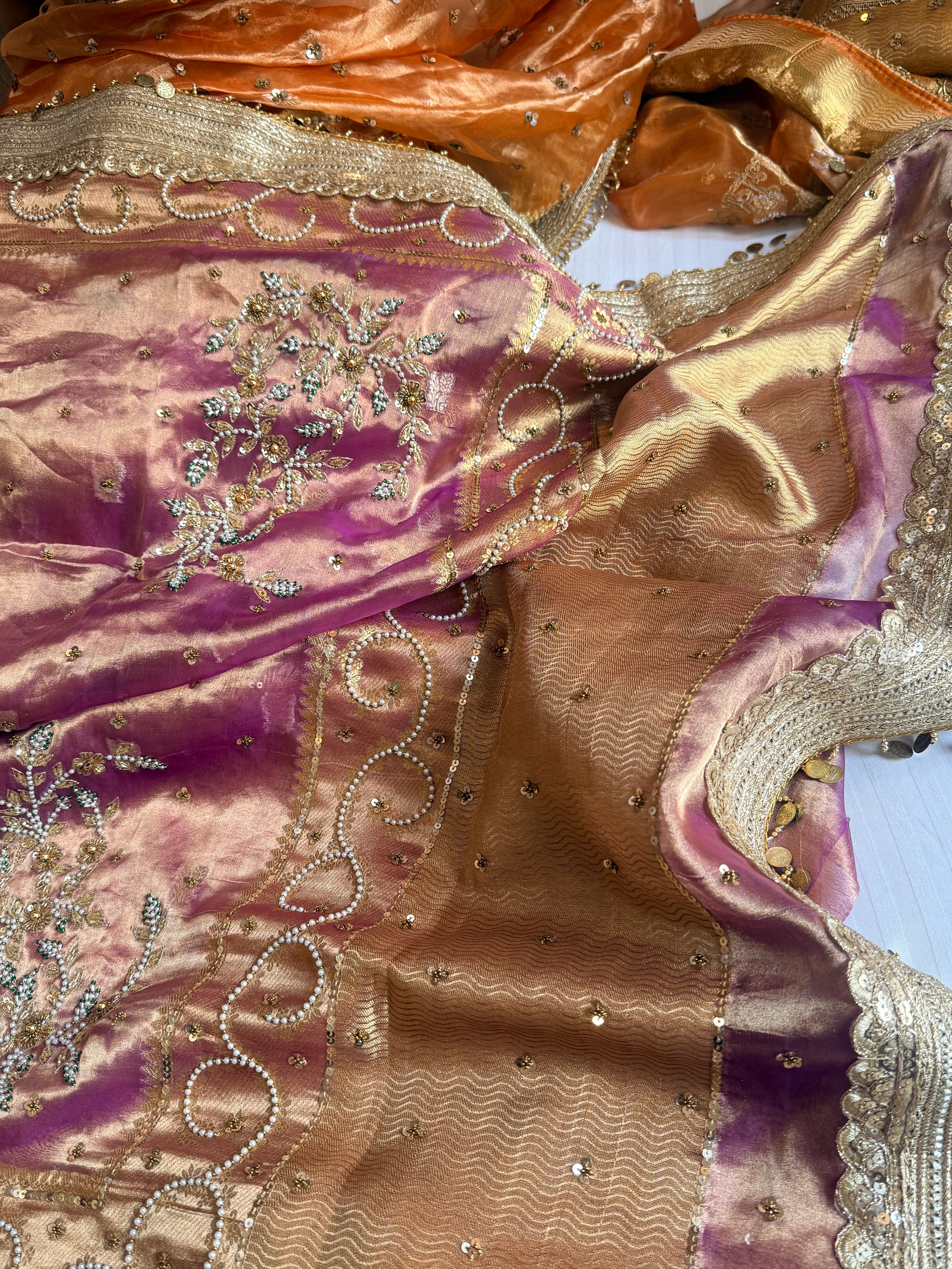 Salma-sitara molten lilac tissue silk antique work hand embroidered saree