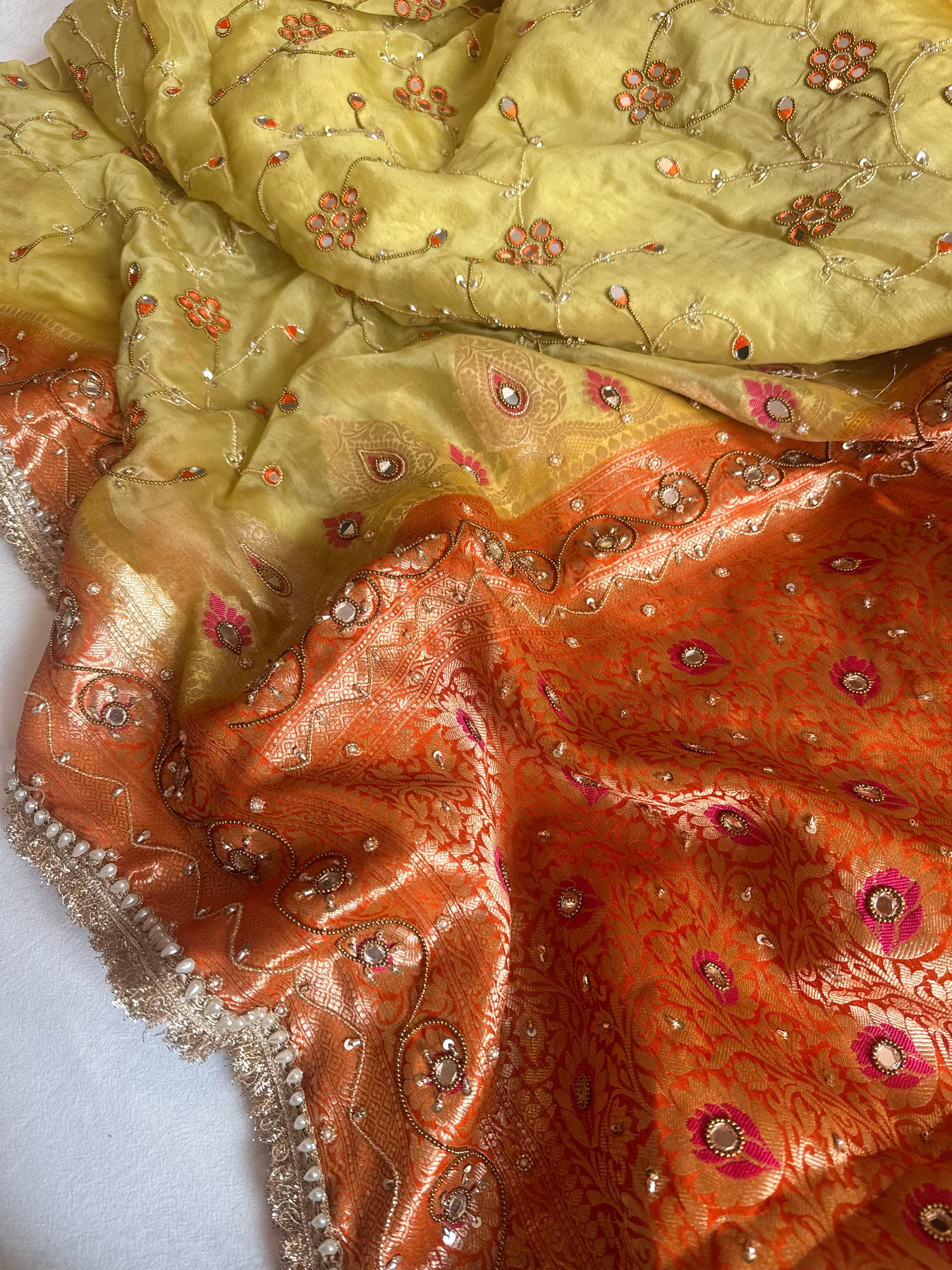Haldi yellow-sindoori orange husn kora silk mirror work hand embroidered saree