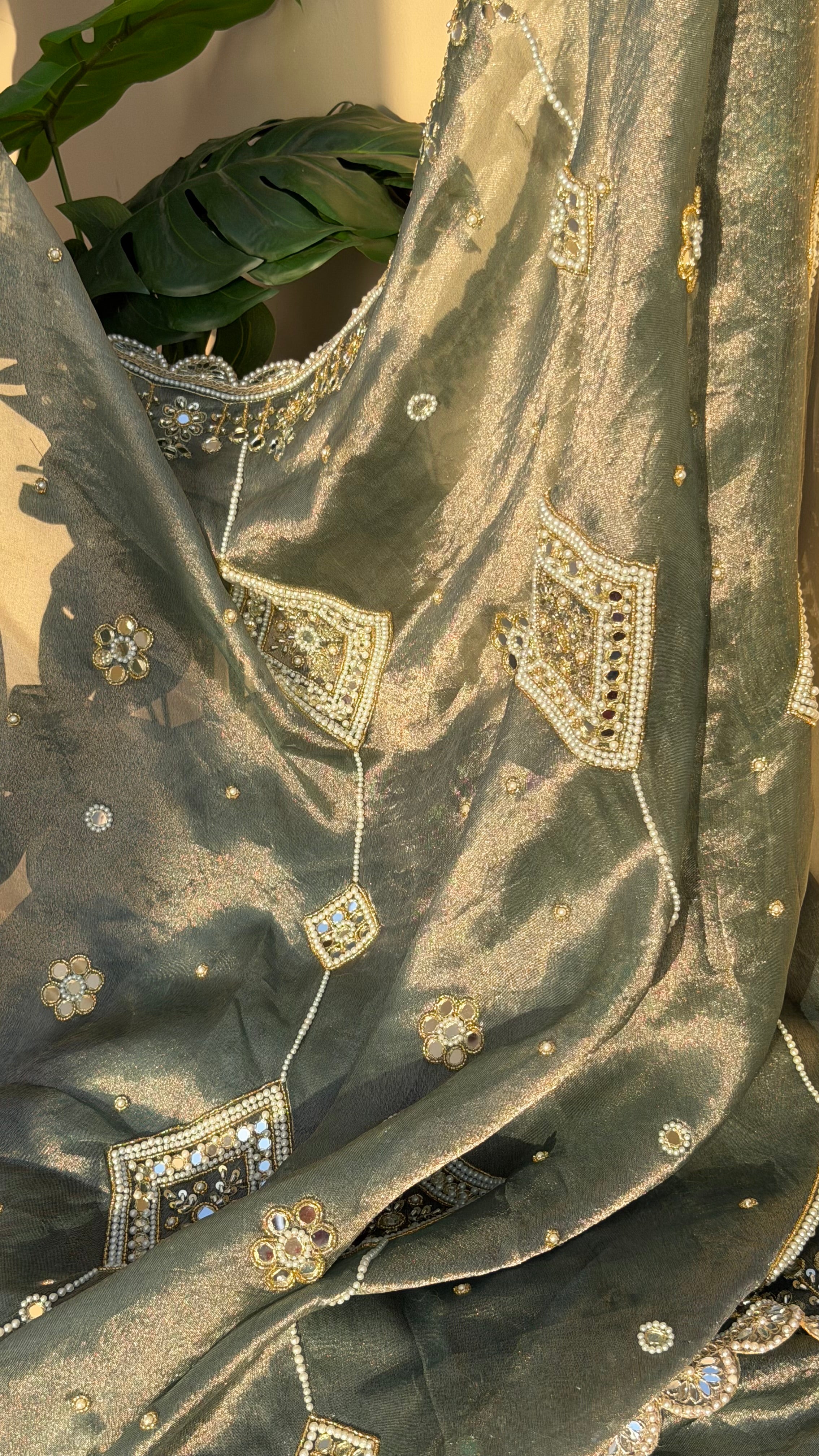 Coriander mint tissue silk pearlwork and mirrorwork hand embroidered saree