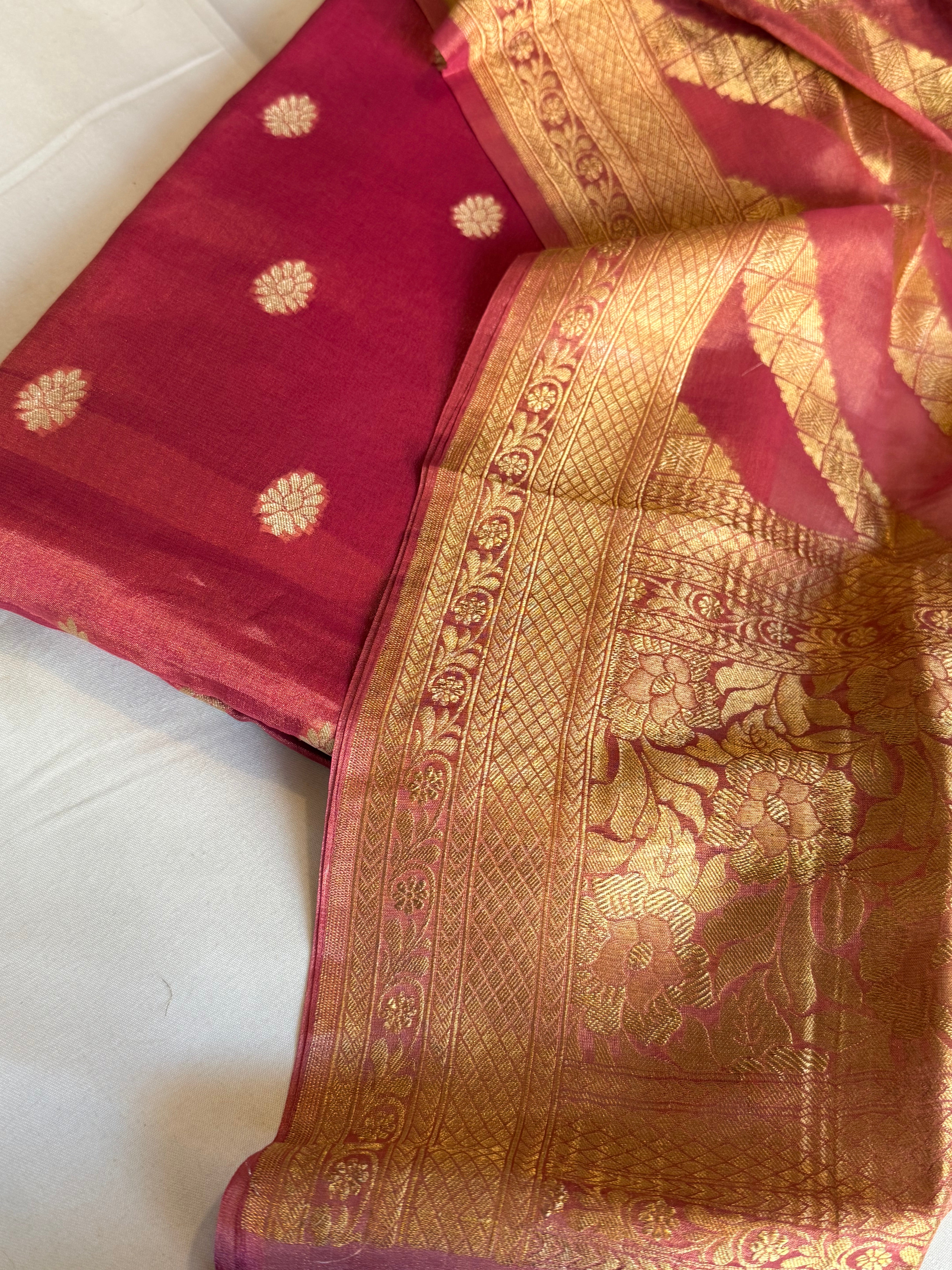 Cranberry pink tissue gorgette kadhwa banarasi suit set
