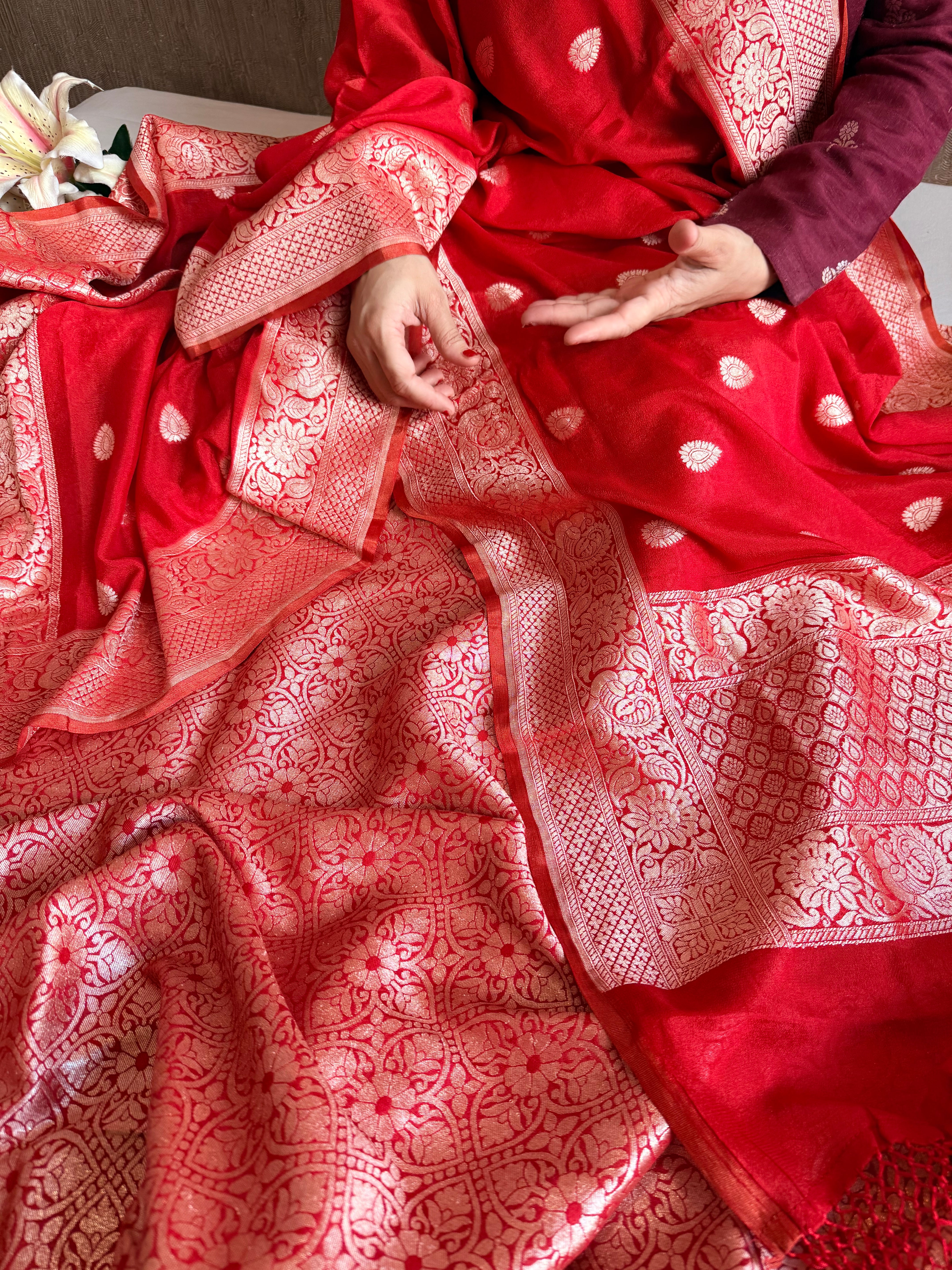 Crimson red moonga brocade ambose meenakari suit set