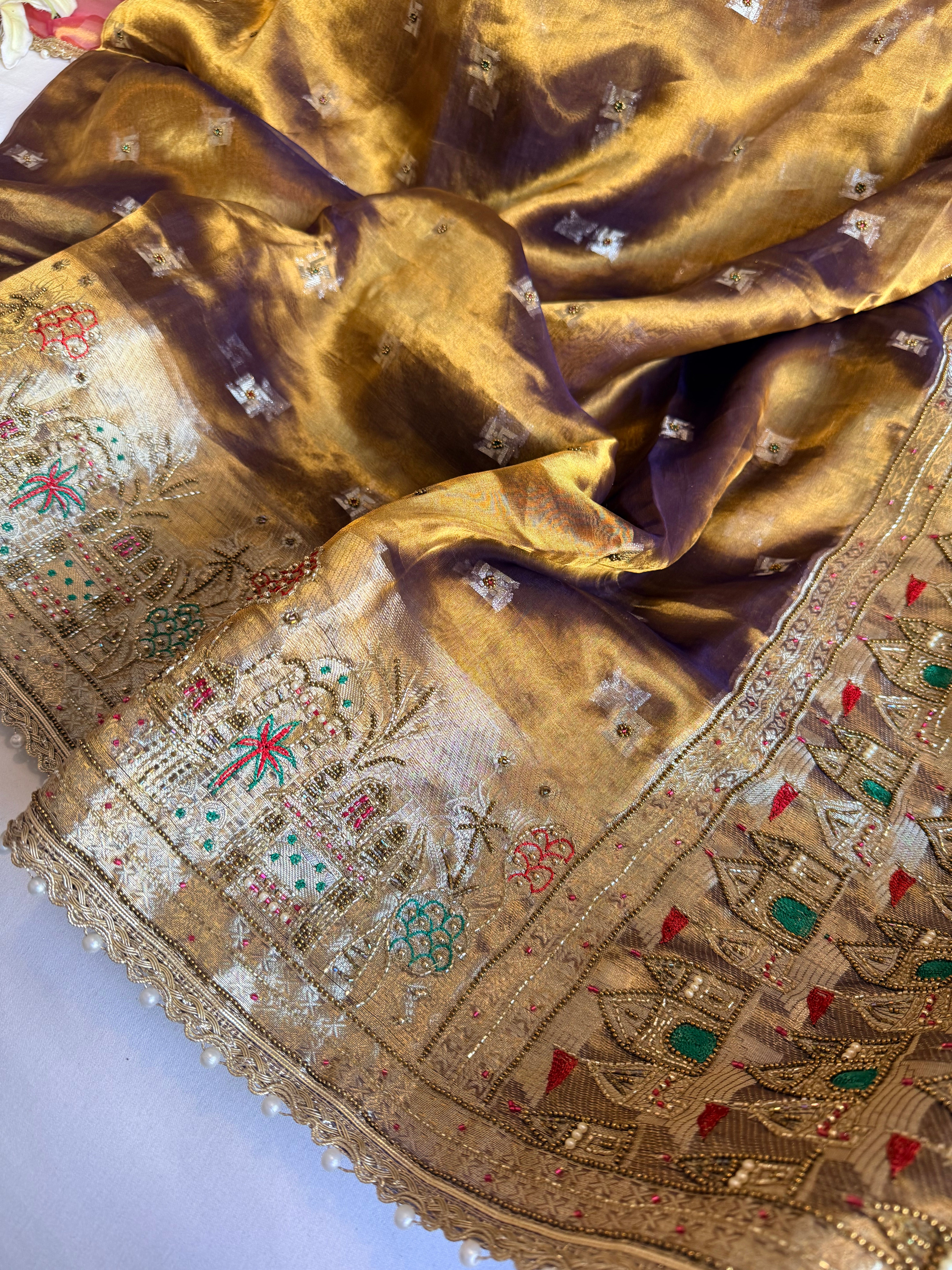 Ganga-darshan edit - Tissue silk kanjivaram blue hand embroidered kadhwa saree