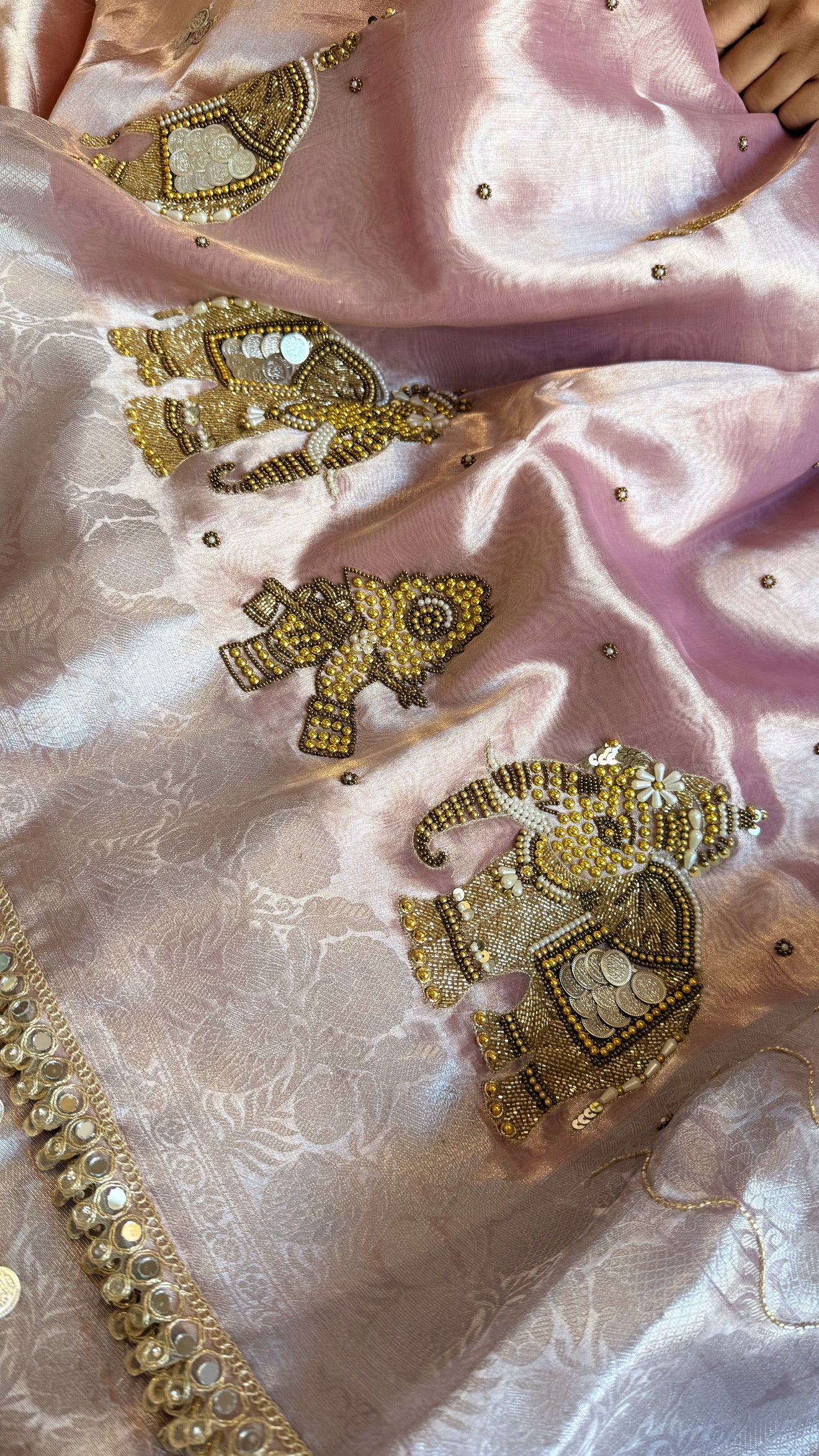 Gulabi jadau saree - Rosy pink tissue silk jadau work hand embroidered saree