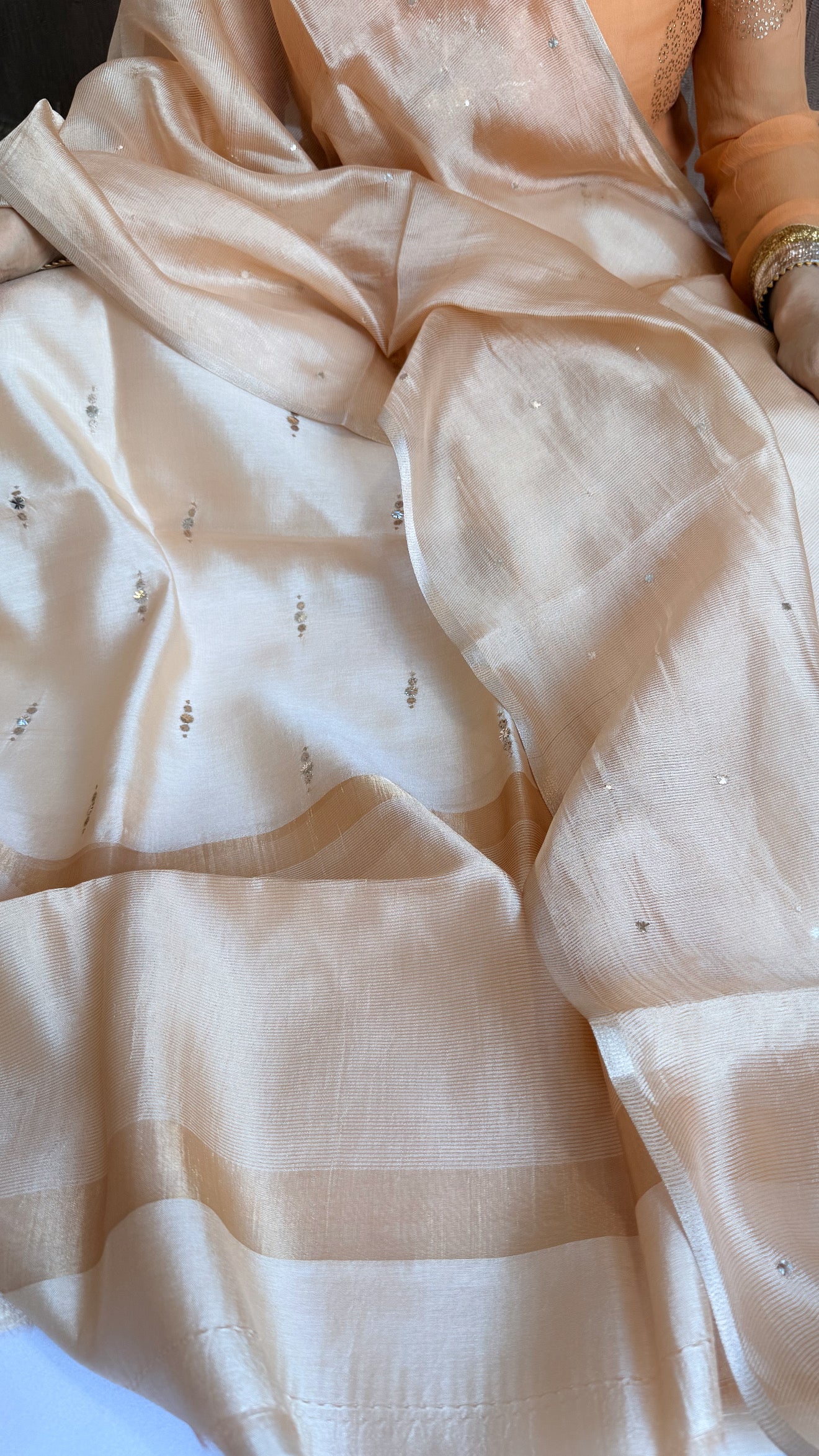 Summer suit edit - Spun chiniya silk mukaish work biscuit gold hand embroidered suit set