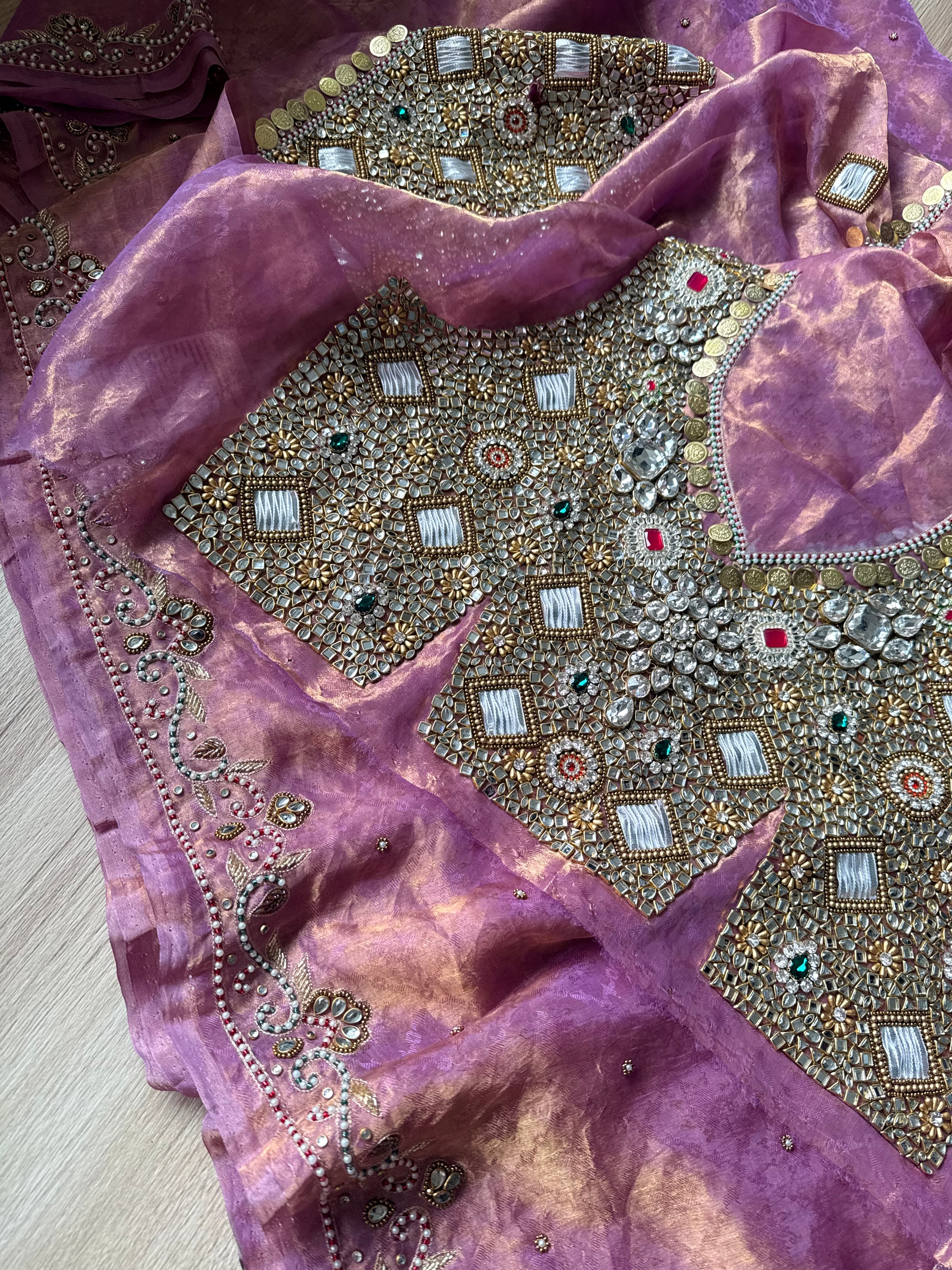 Jadauwork tissue tanchoi silk hand embroidered kadhwa saree