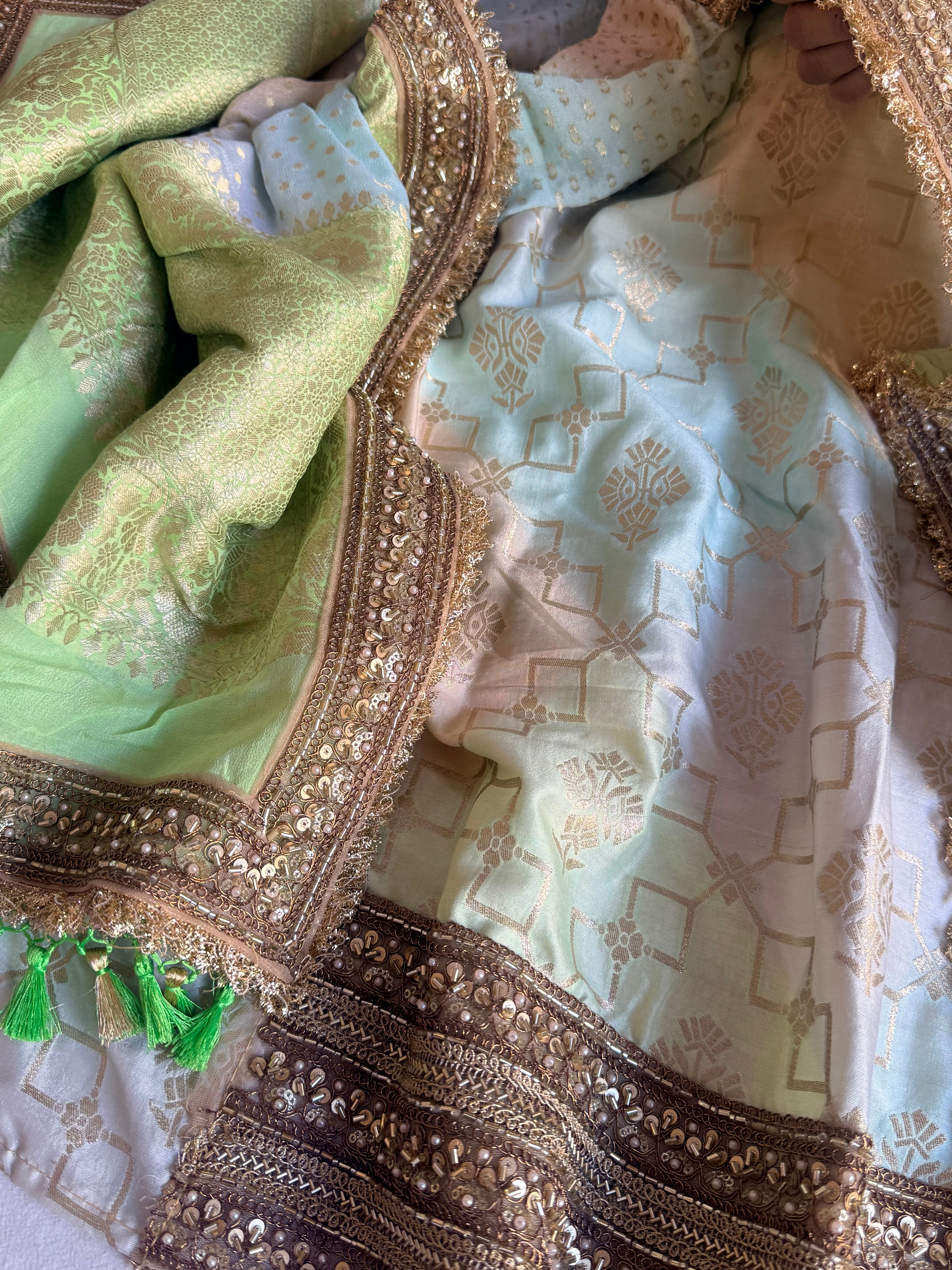Multishaded moonga silk hand embroidered zardozi work suit set