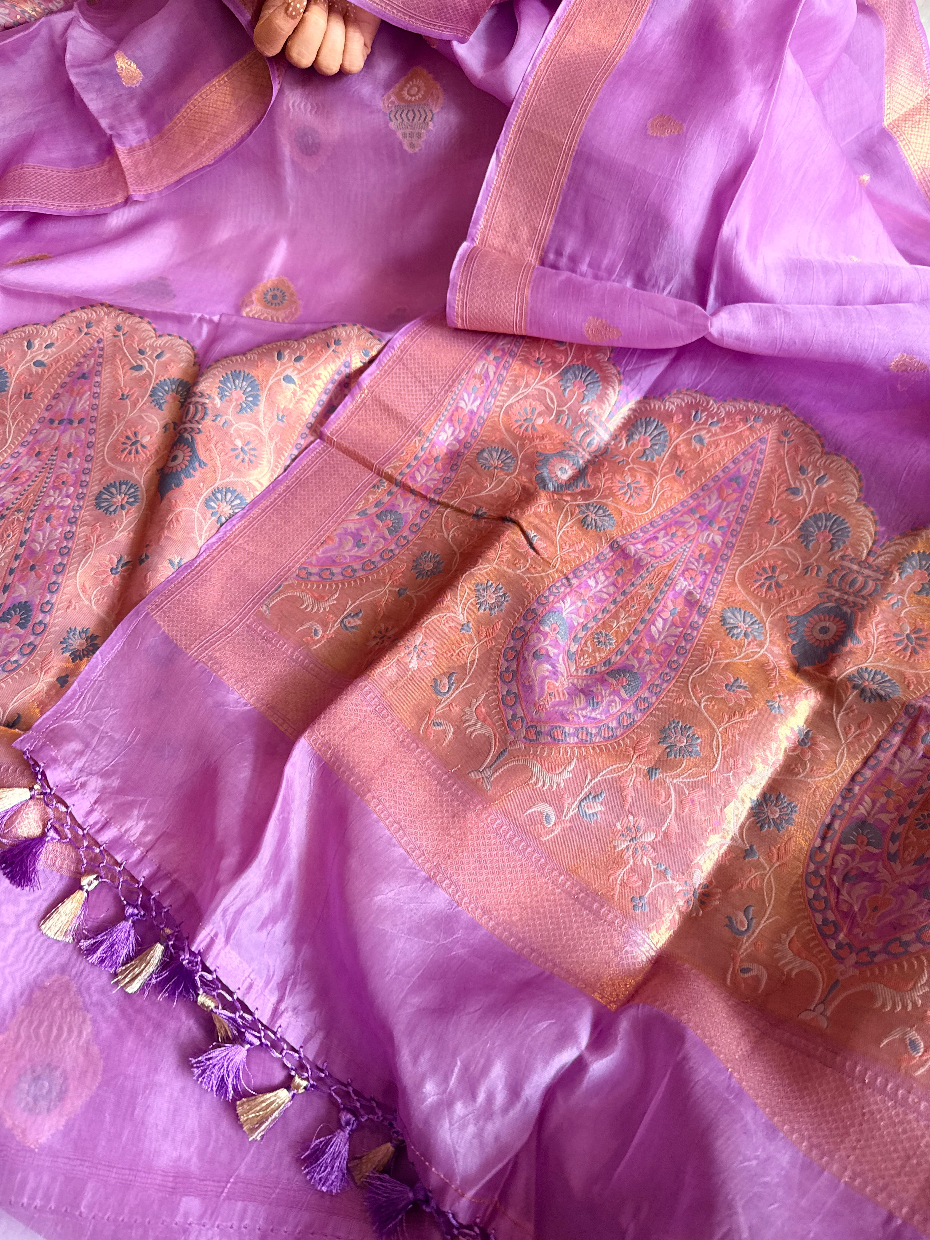 Butter silk banarasi lavender meenakari kadhwa weaving suit set
