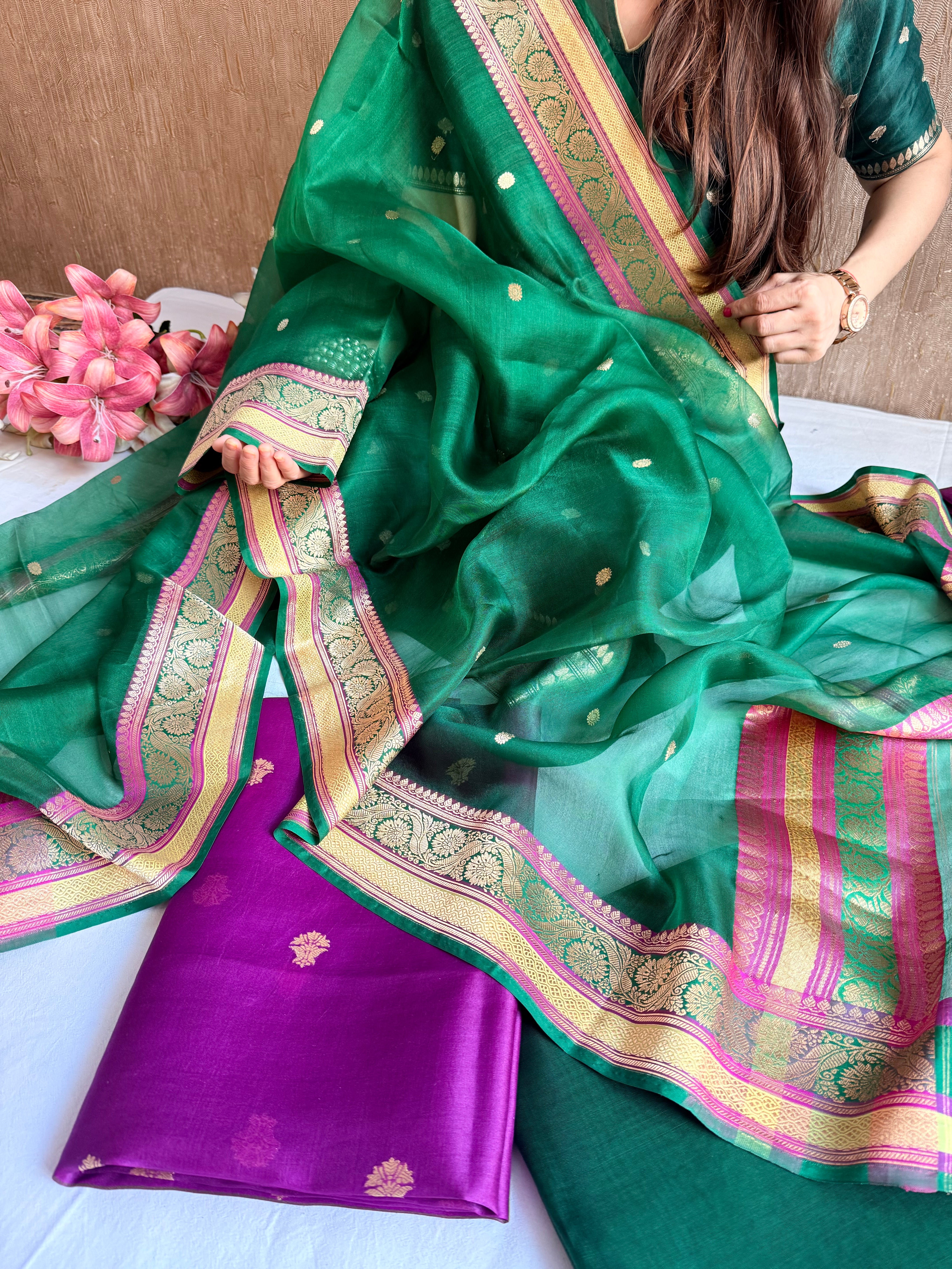 Banarasi purple-bottle green banarasi meenkari kadhwa border chap dye suits