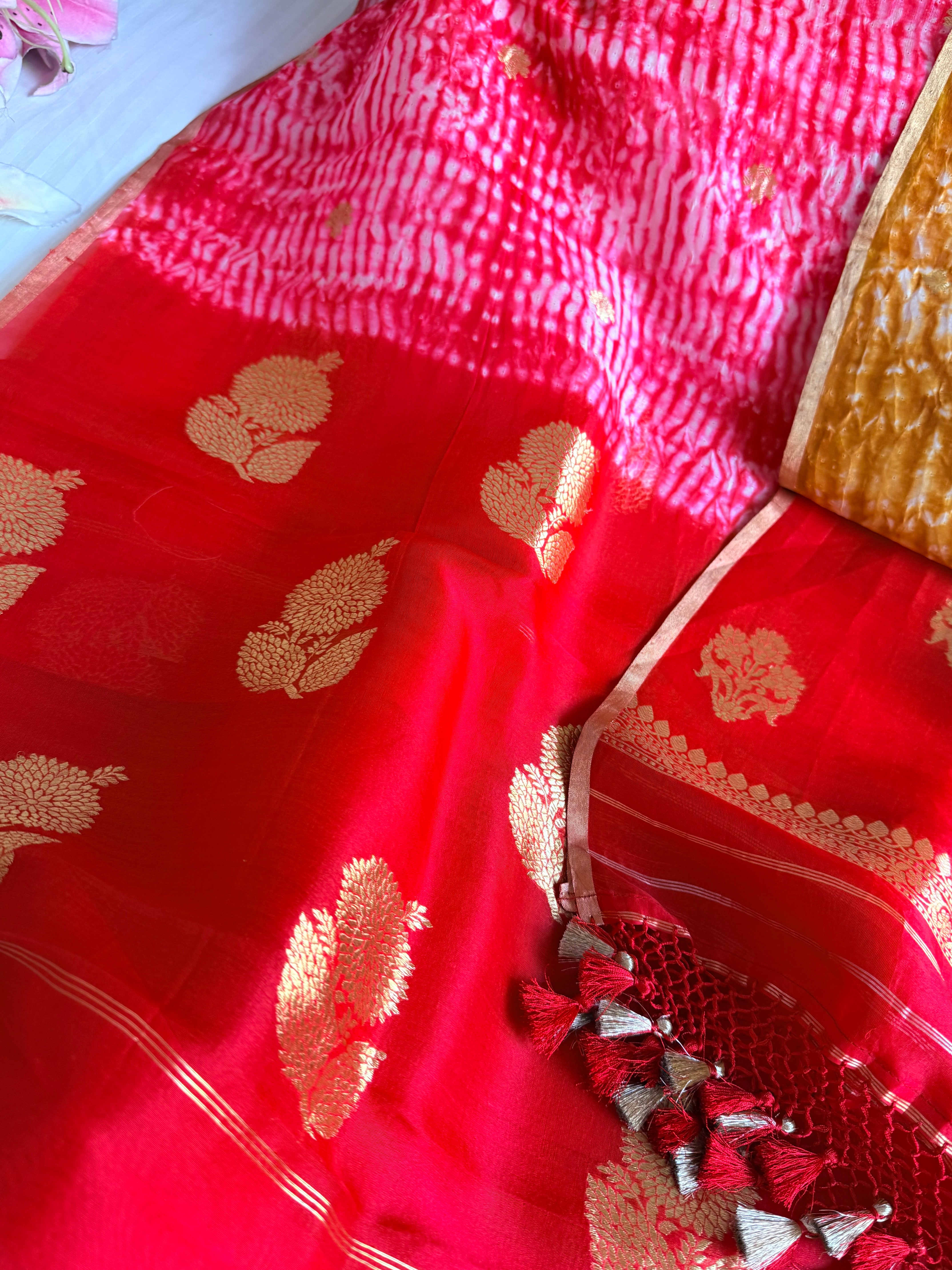 Shibori dye banarasi kora silk red-mustard orange kadhwa buti suit set