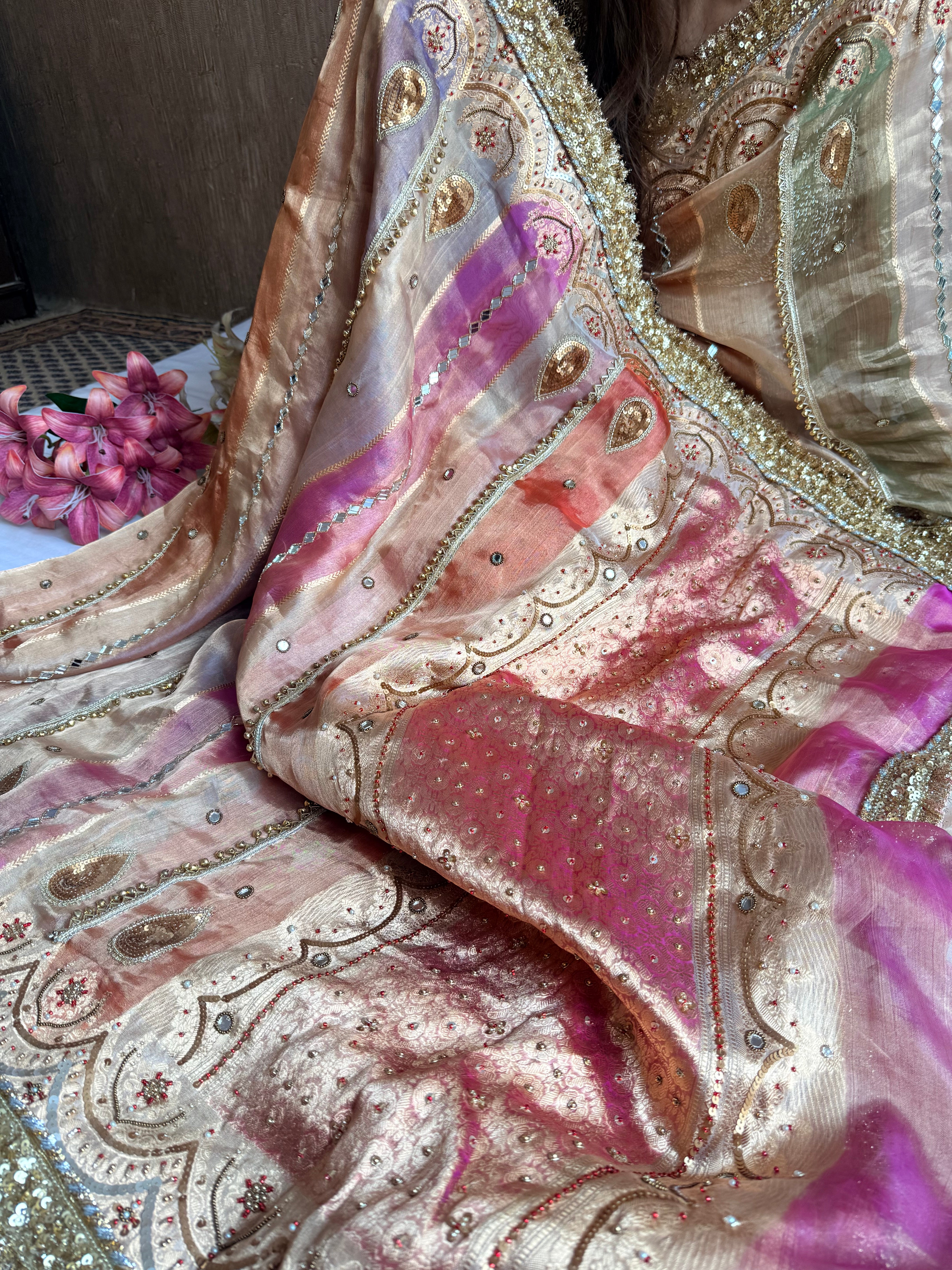 Navratan edit tissue silk rangkaat and ghungroo work hand embroidered saree