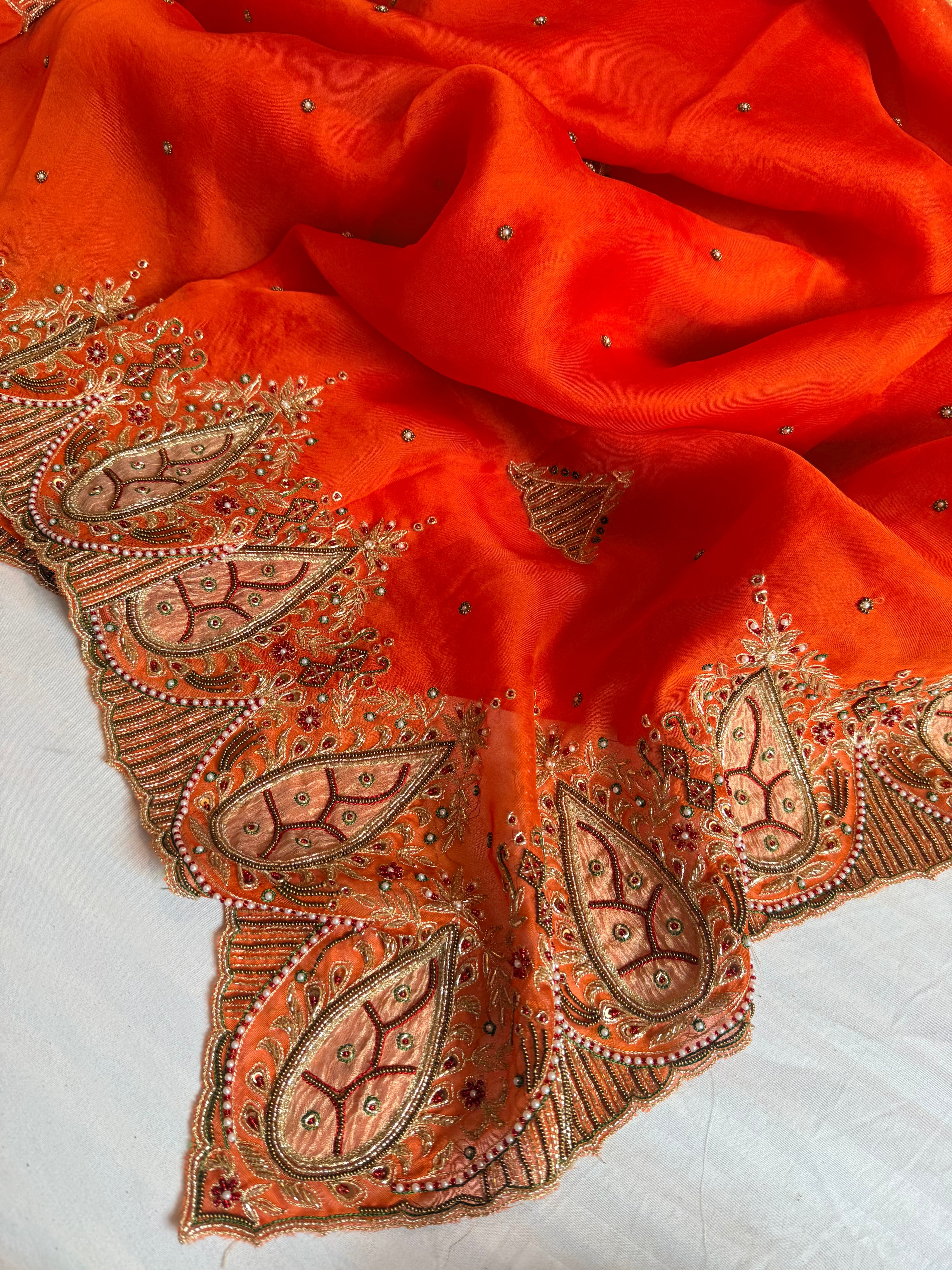 Gulab genda edit - Banarasi Kora silk fanta orange hand embroidered saree