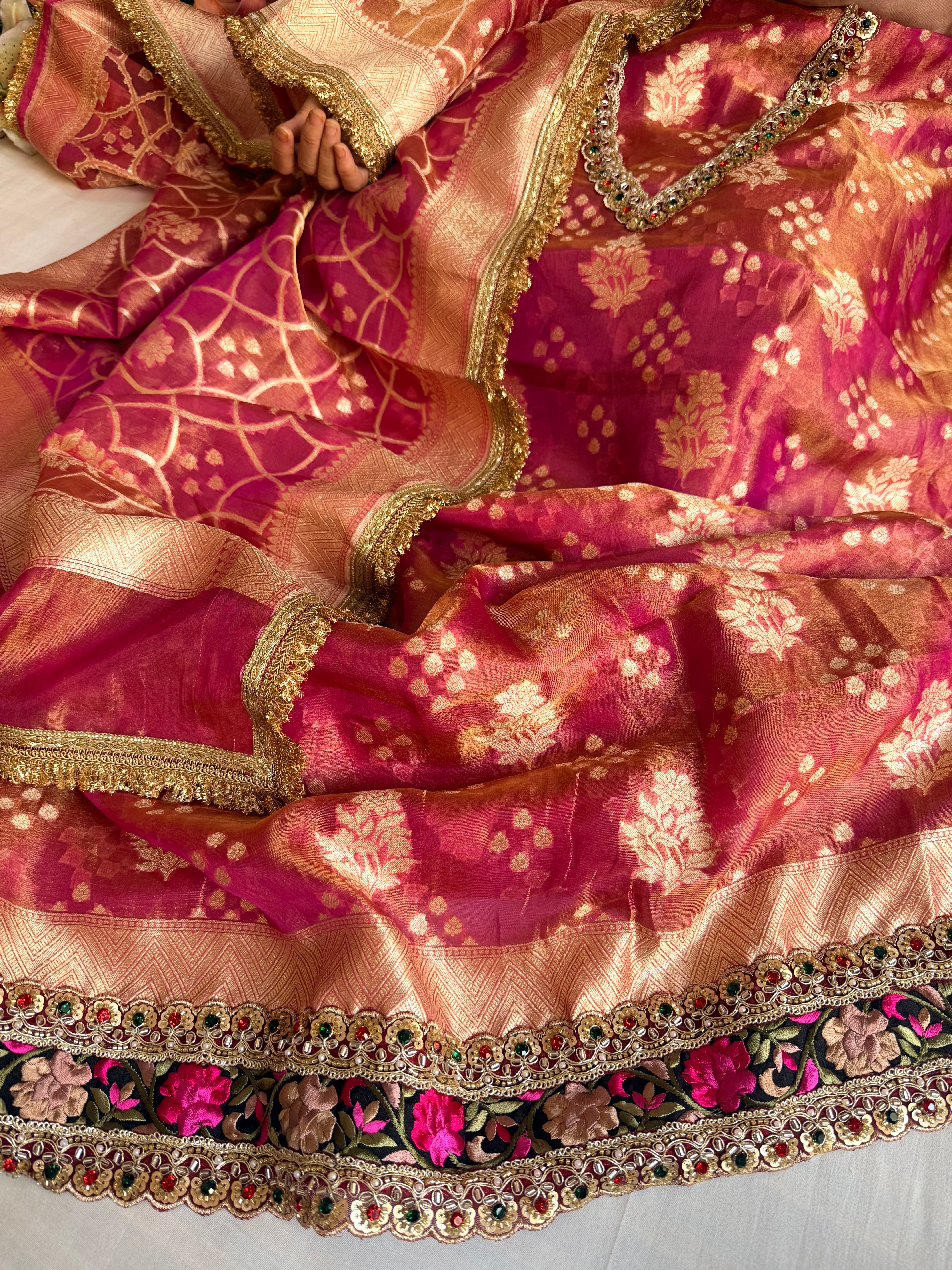 Navratna cherry pink tissue silk kadhwa buti hand embroidered suit sets