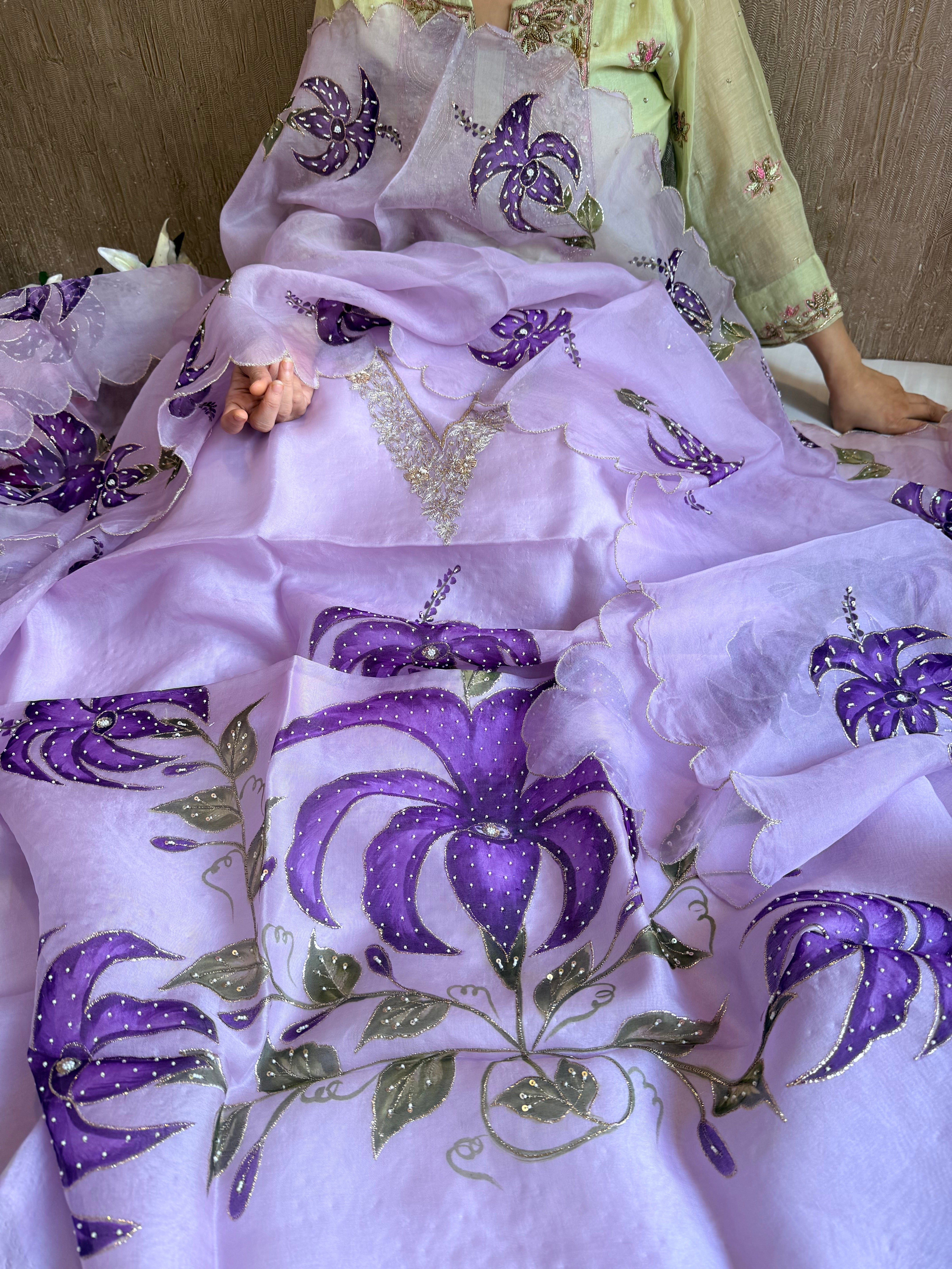 Banarasi Kora silk hand embroidered floral printed suit set