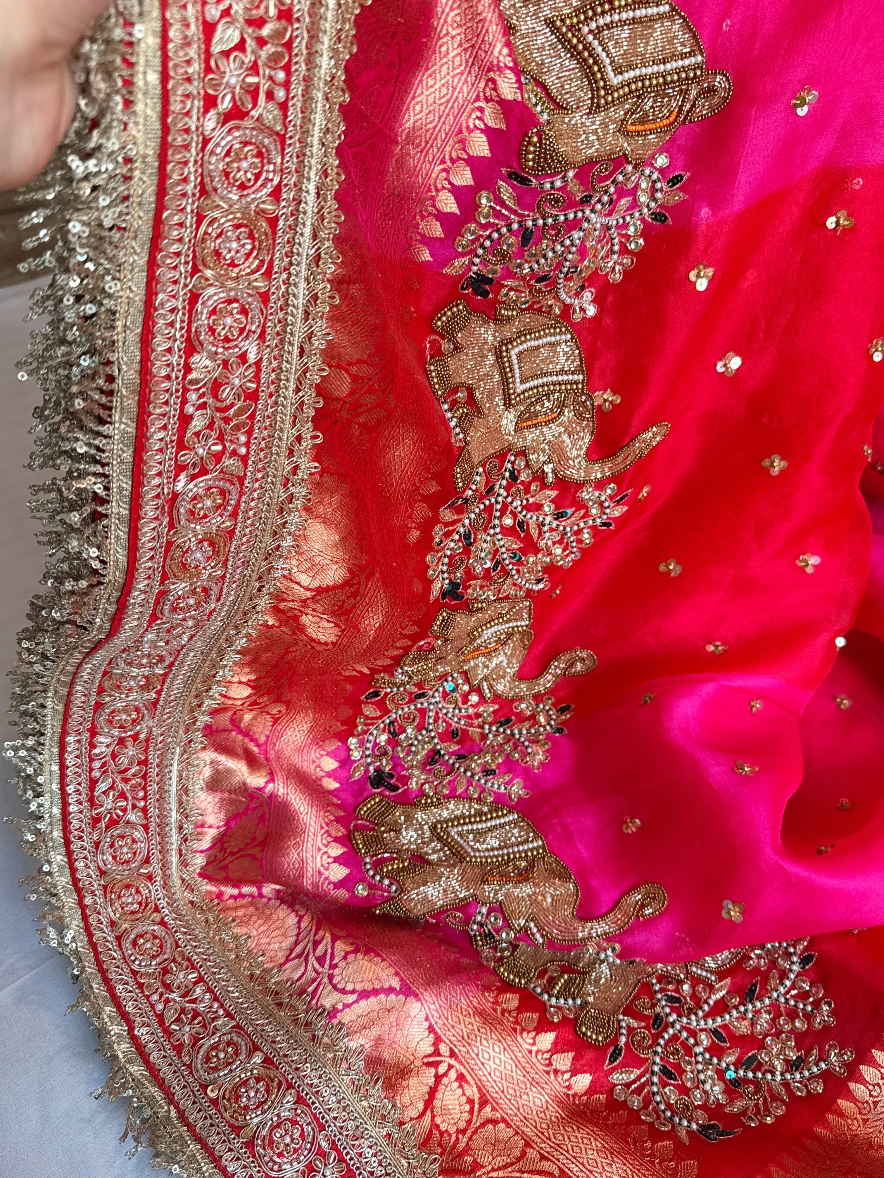 Red-Rani ombre shaded kora silk chunri buti hand embroidered saree
