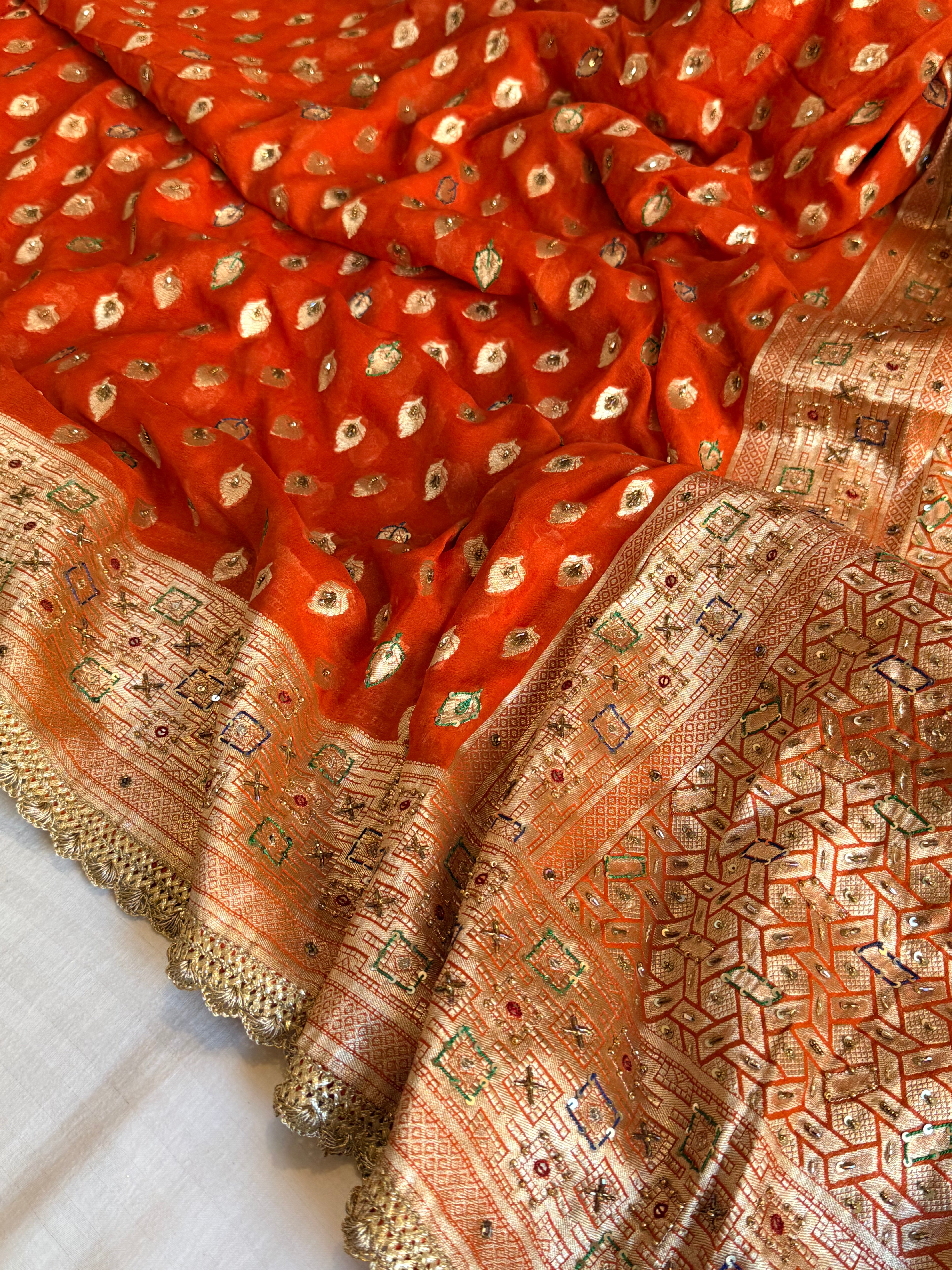 Banarasi moonga gorgette fanta orange hand embroidered kadhwa saree