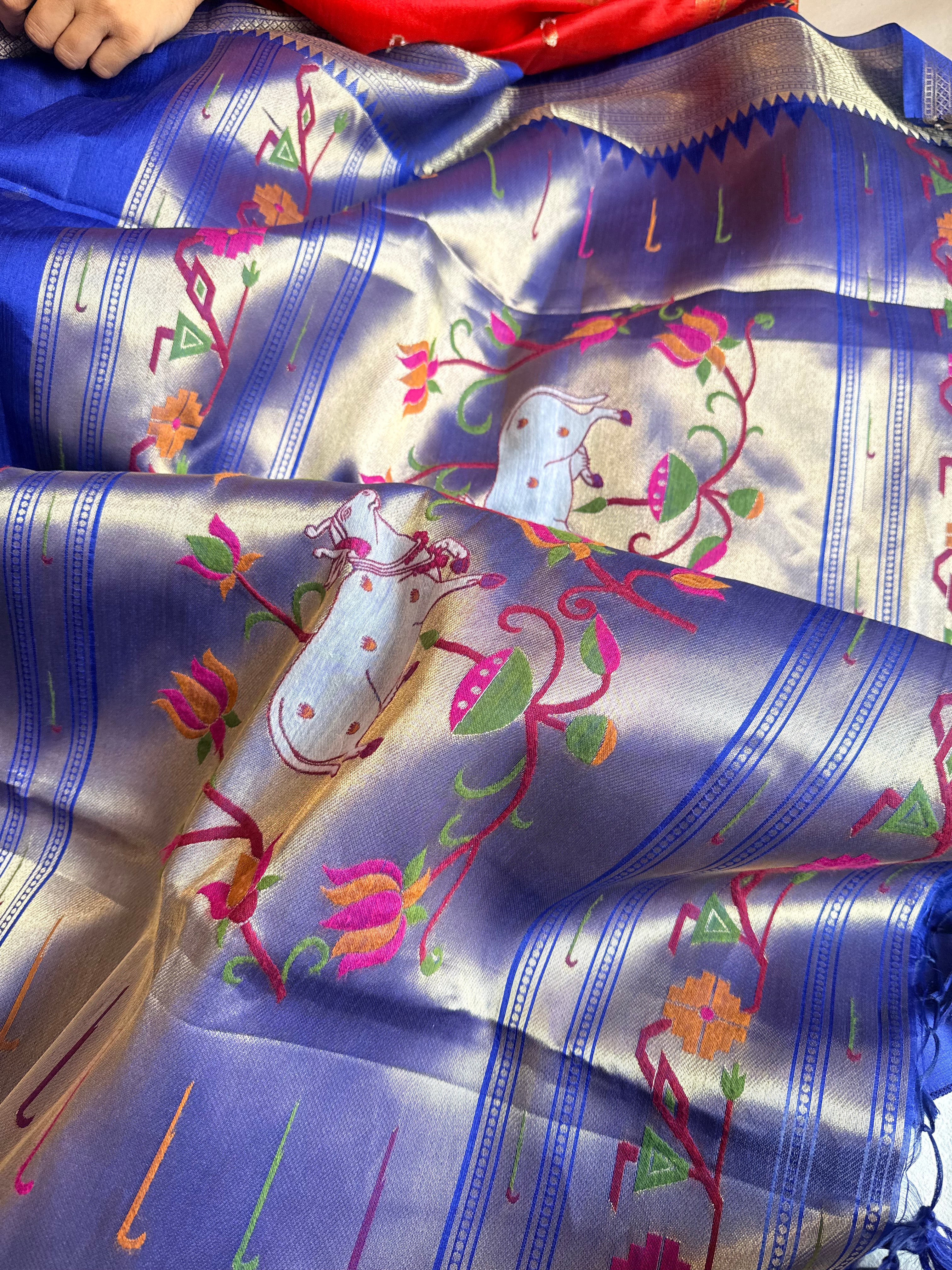 Ink blue mul cotton paithani weaving kadhwa banarasi saree