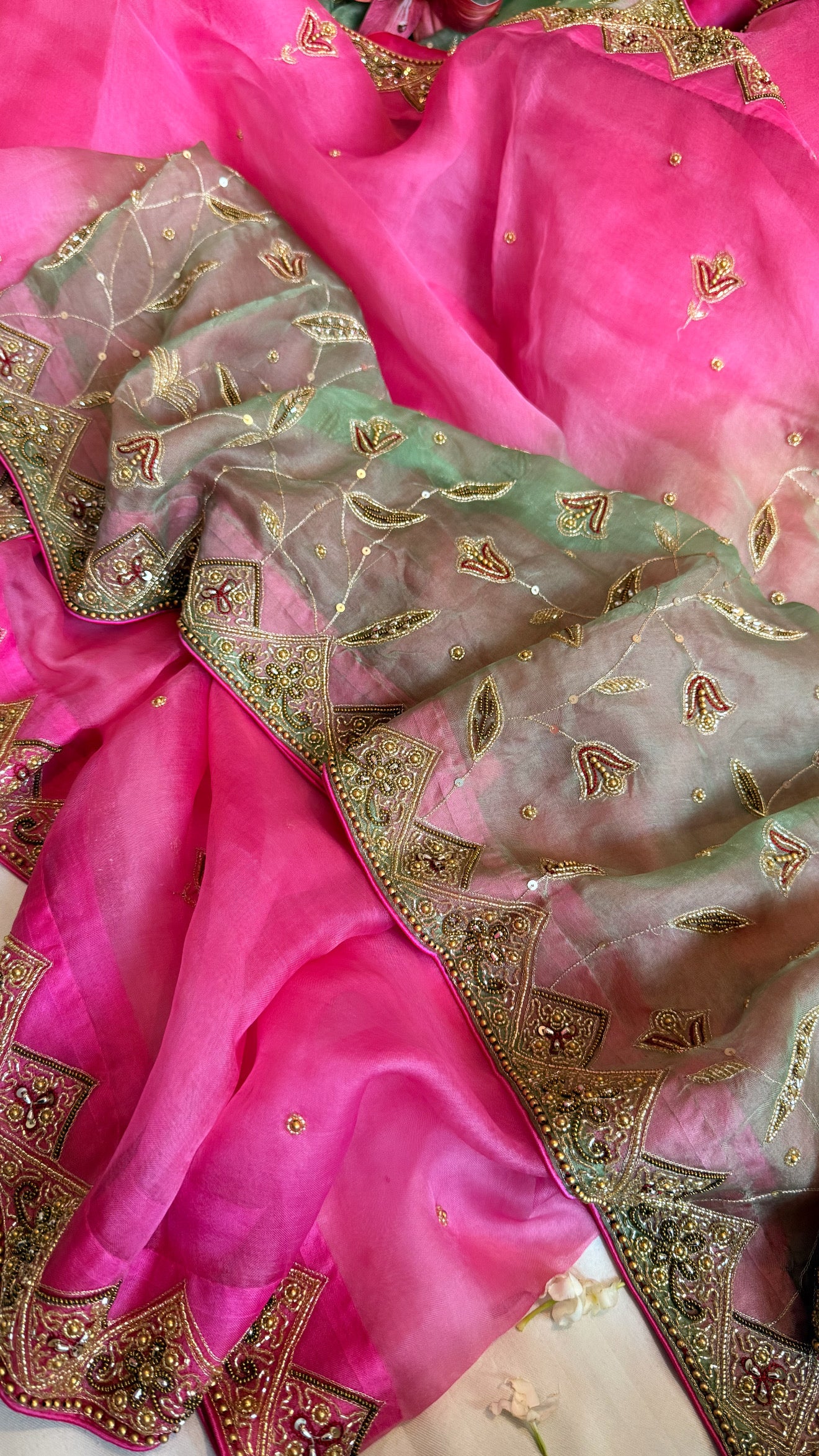 Gulkand edit - Banarasi kora silk ombre shaded hand embroidered kadhwa saree preorder on 15 days
