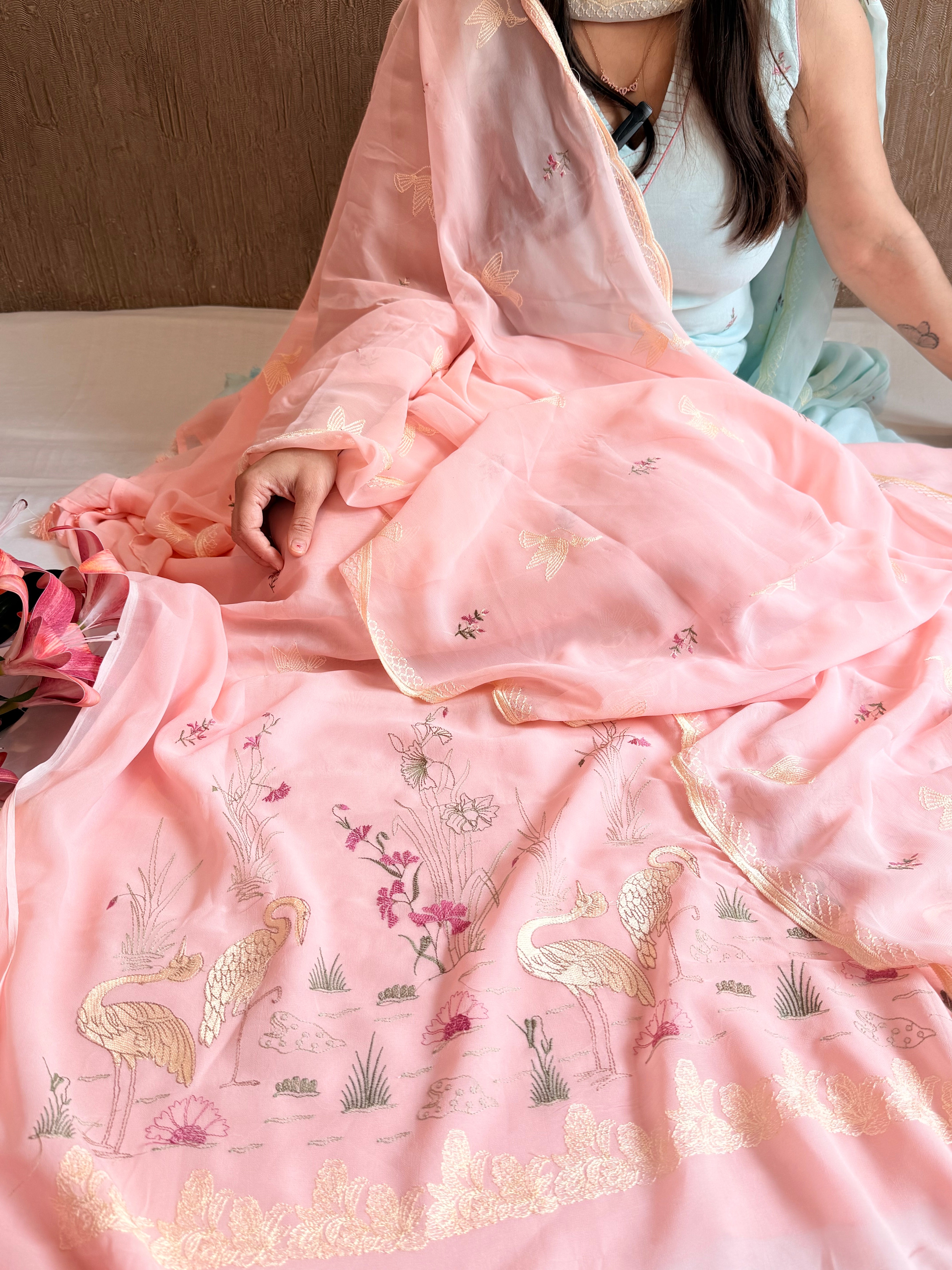 Chiffon gorgette blush peach flamingo meenakari hand embroidered suit