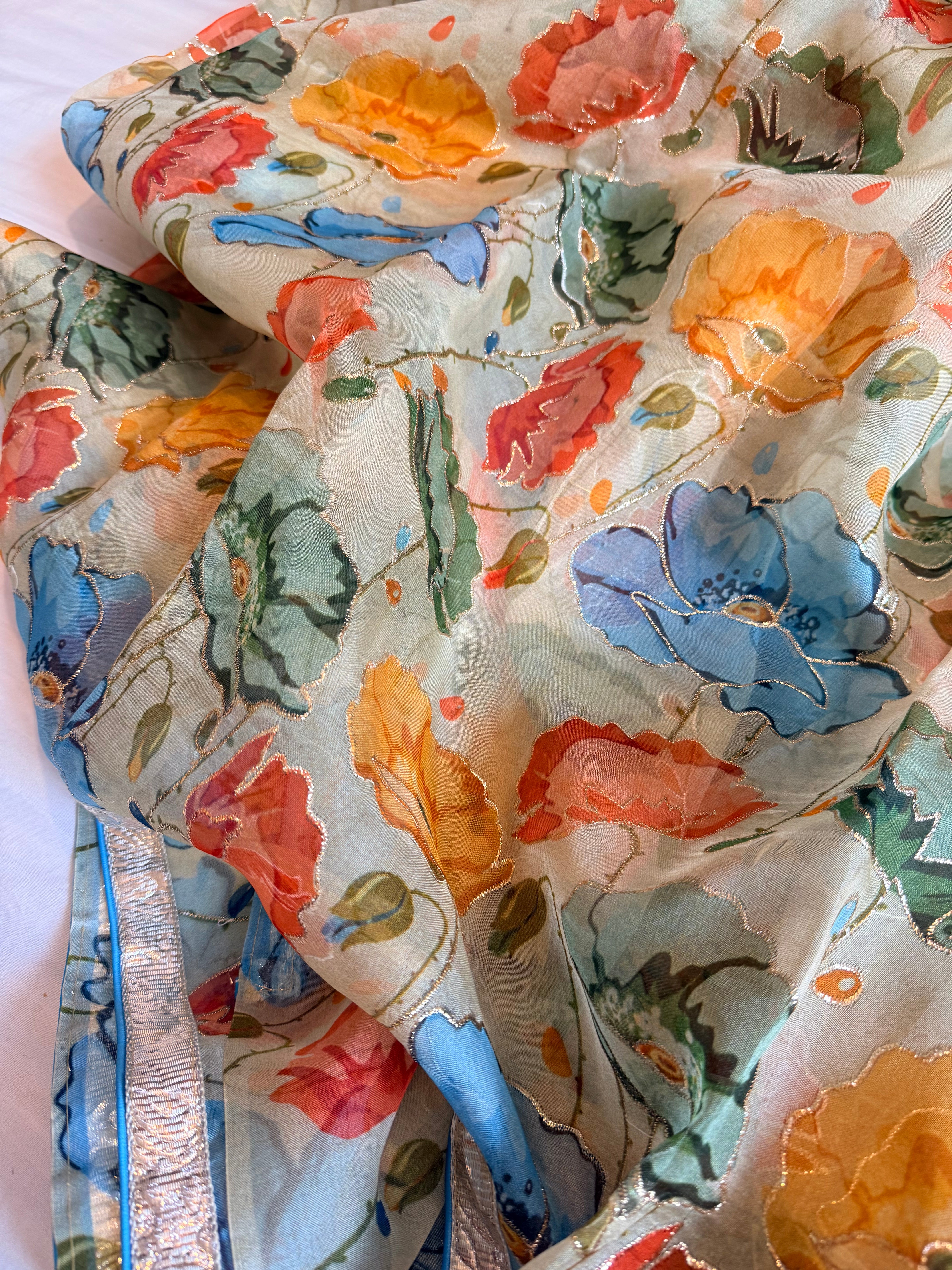 Kora silk printed lampi gotapatti hand embroidered saree