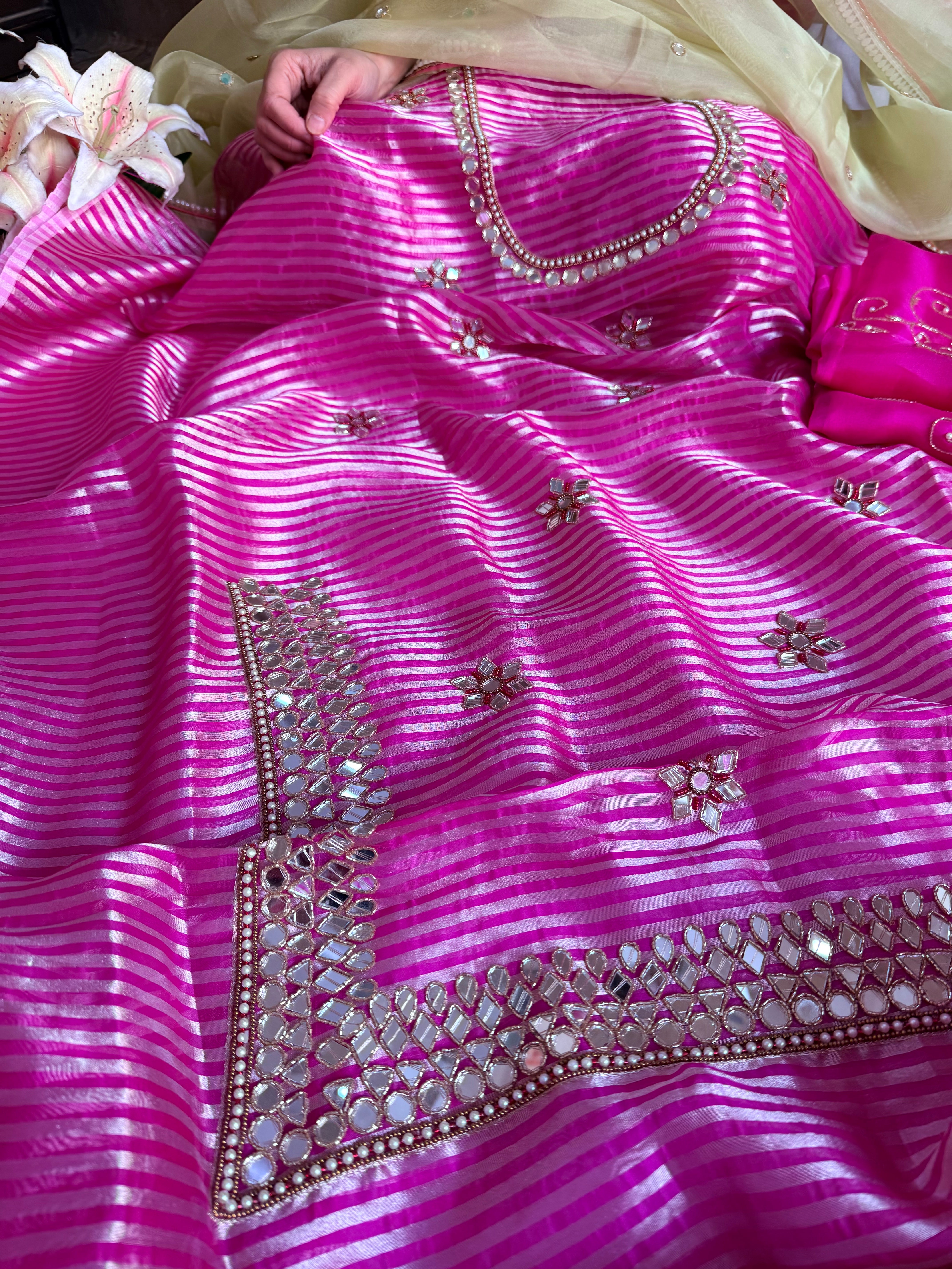 Kora silk silver zari striped mirror work edit hand embroidered kadhwa suit set