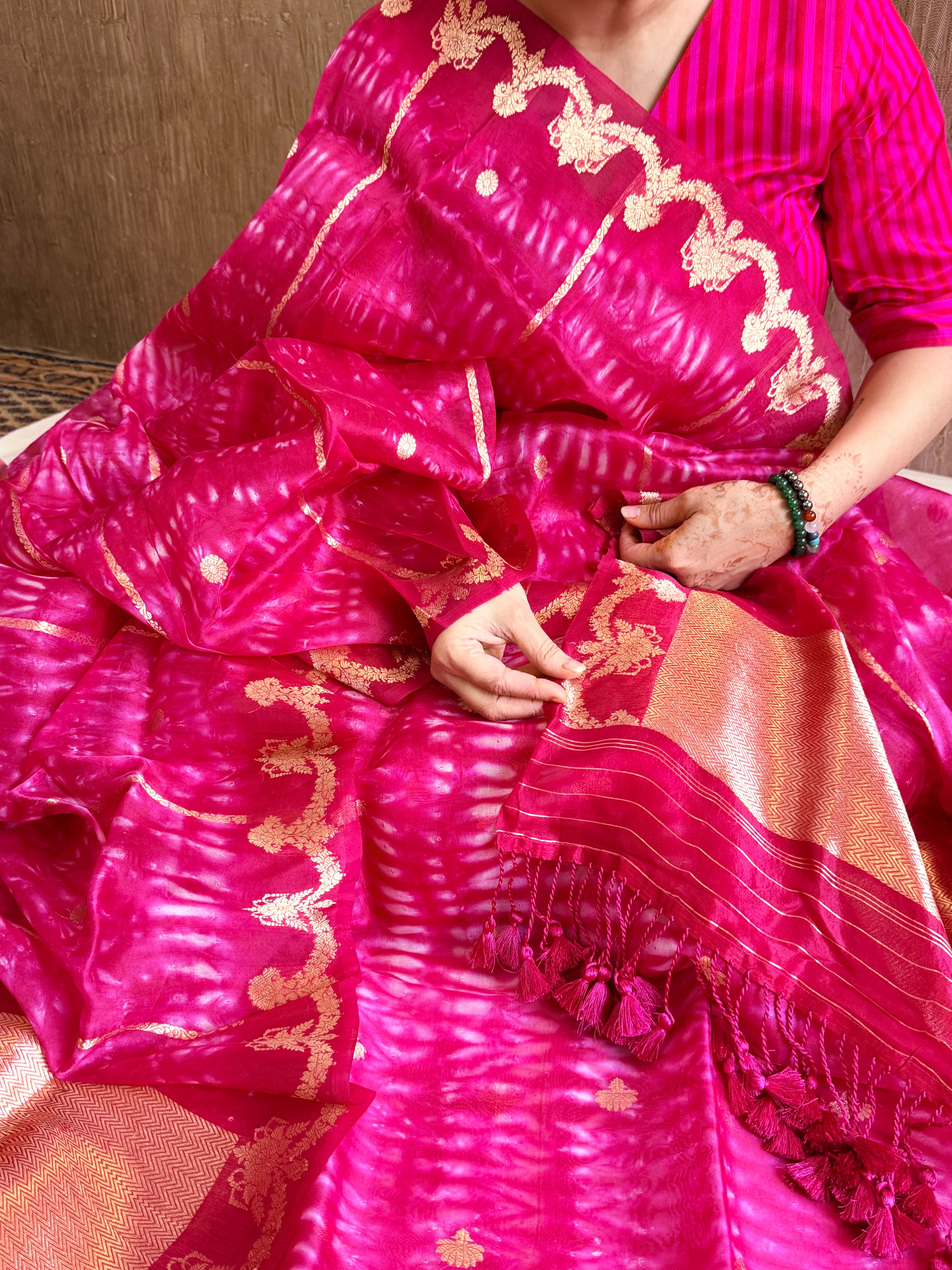 Hot pink banarasi blue kora silk shibori dye kadhwa suit set