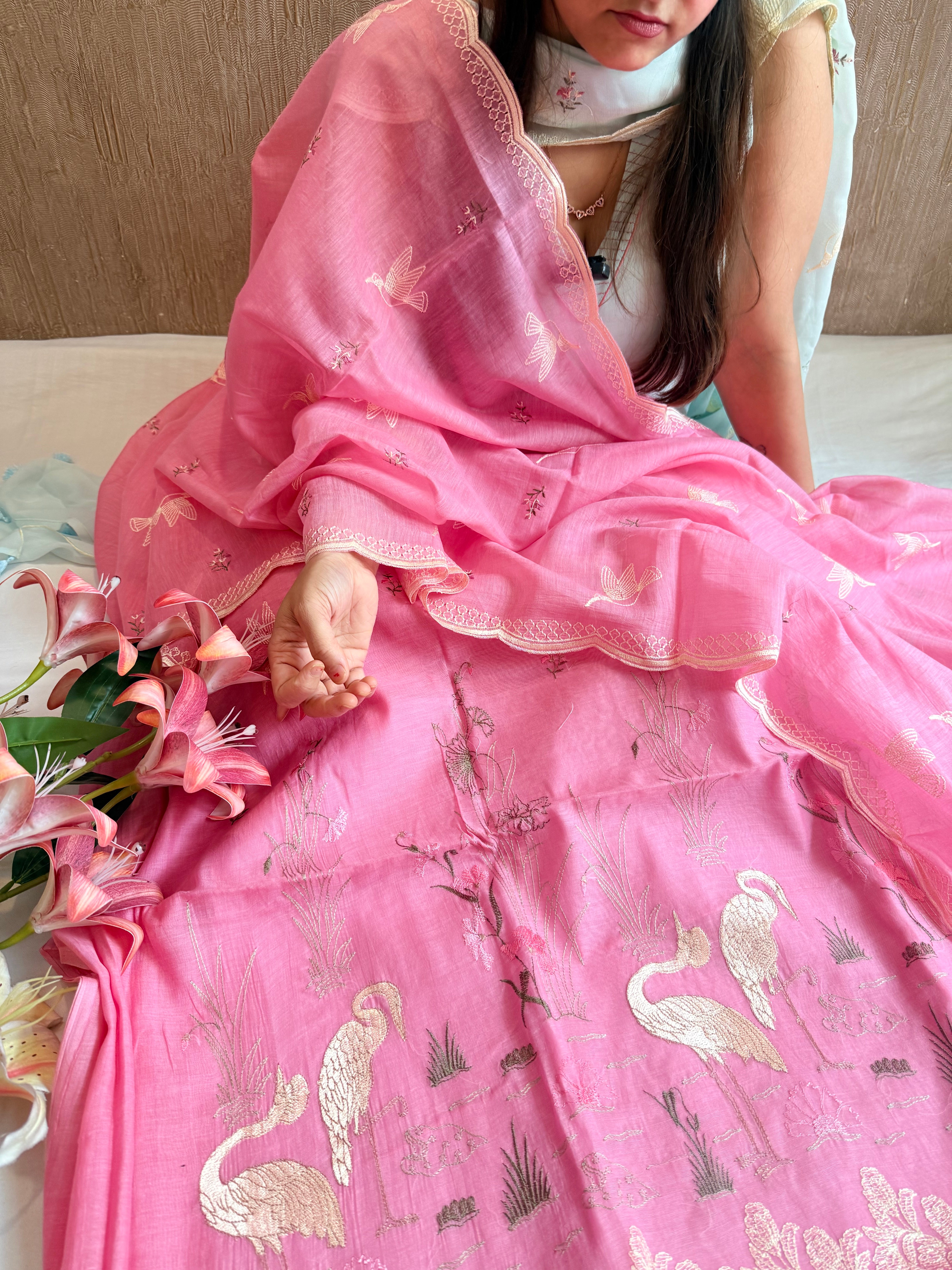 Candy pink mul cotton flamingo resham hand embroidered suit set