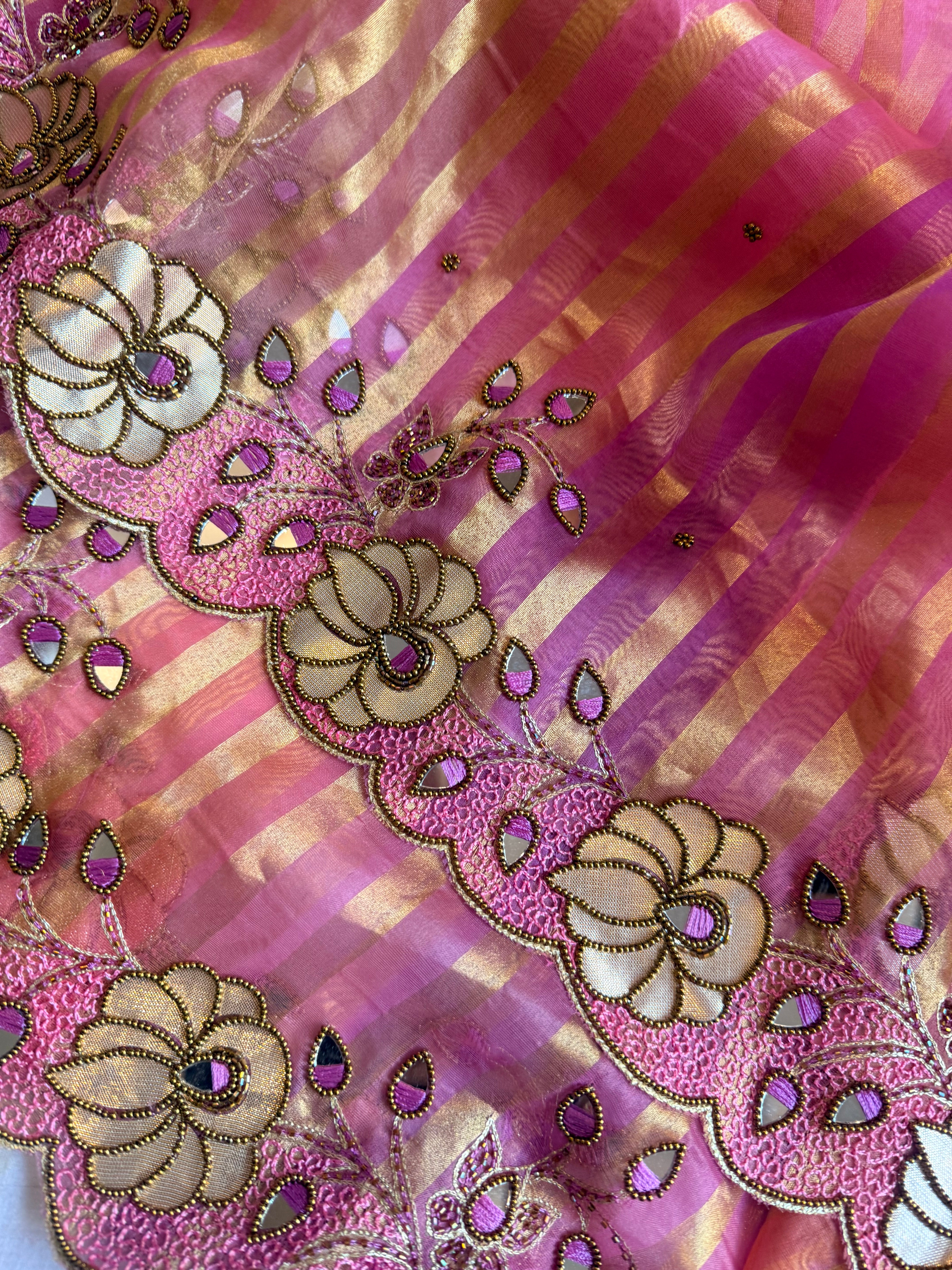 Phool wali rangeen tissue silk striped rangkaat hand embroidered saree