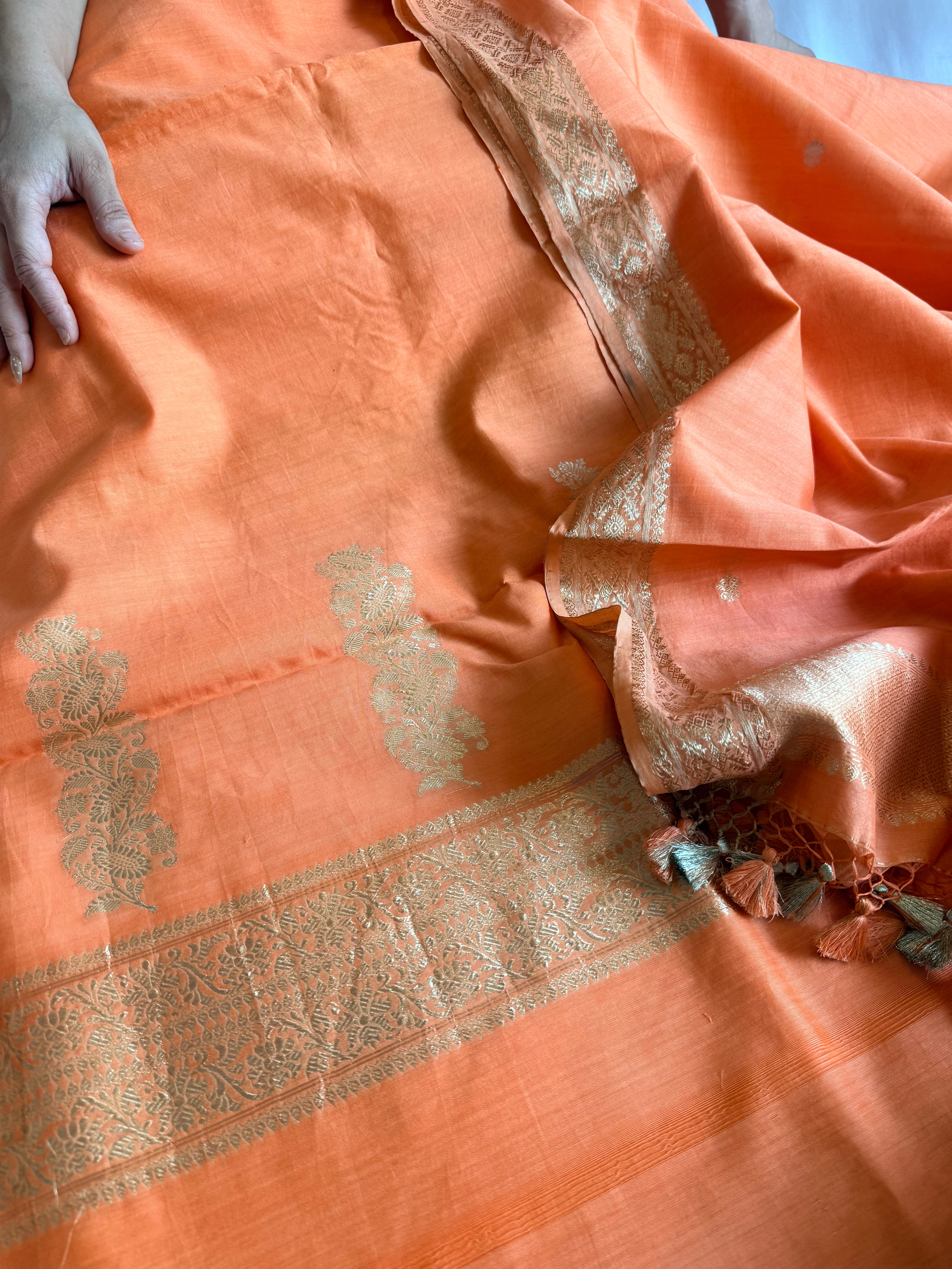 Handloom banarasi cotton kadhwa weaving blush peach suit set