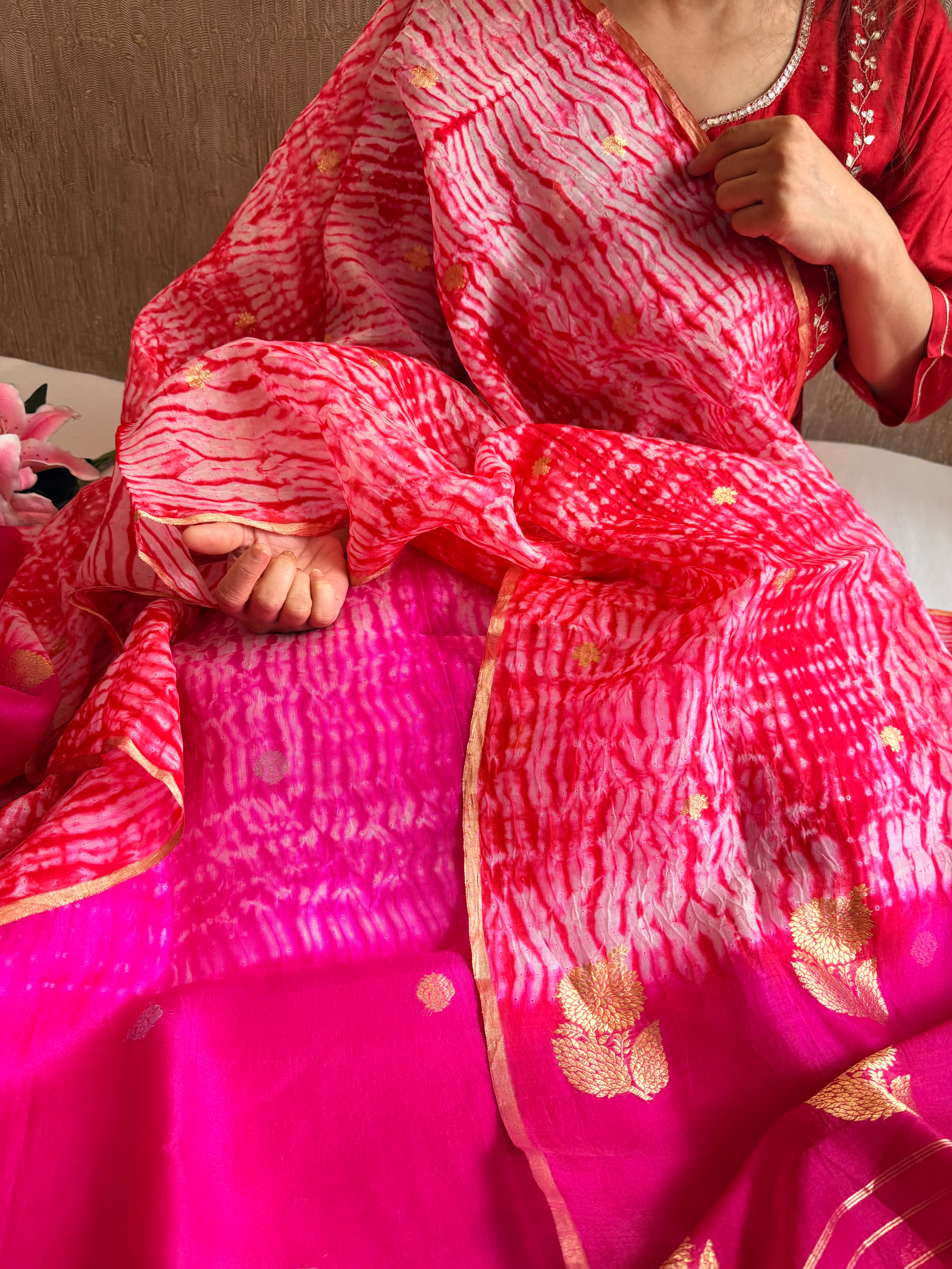 Banarasi kora silk shibori dyed kadhwa buti meenakari suit set