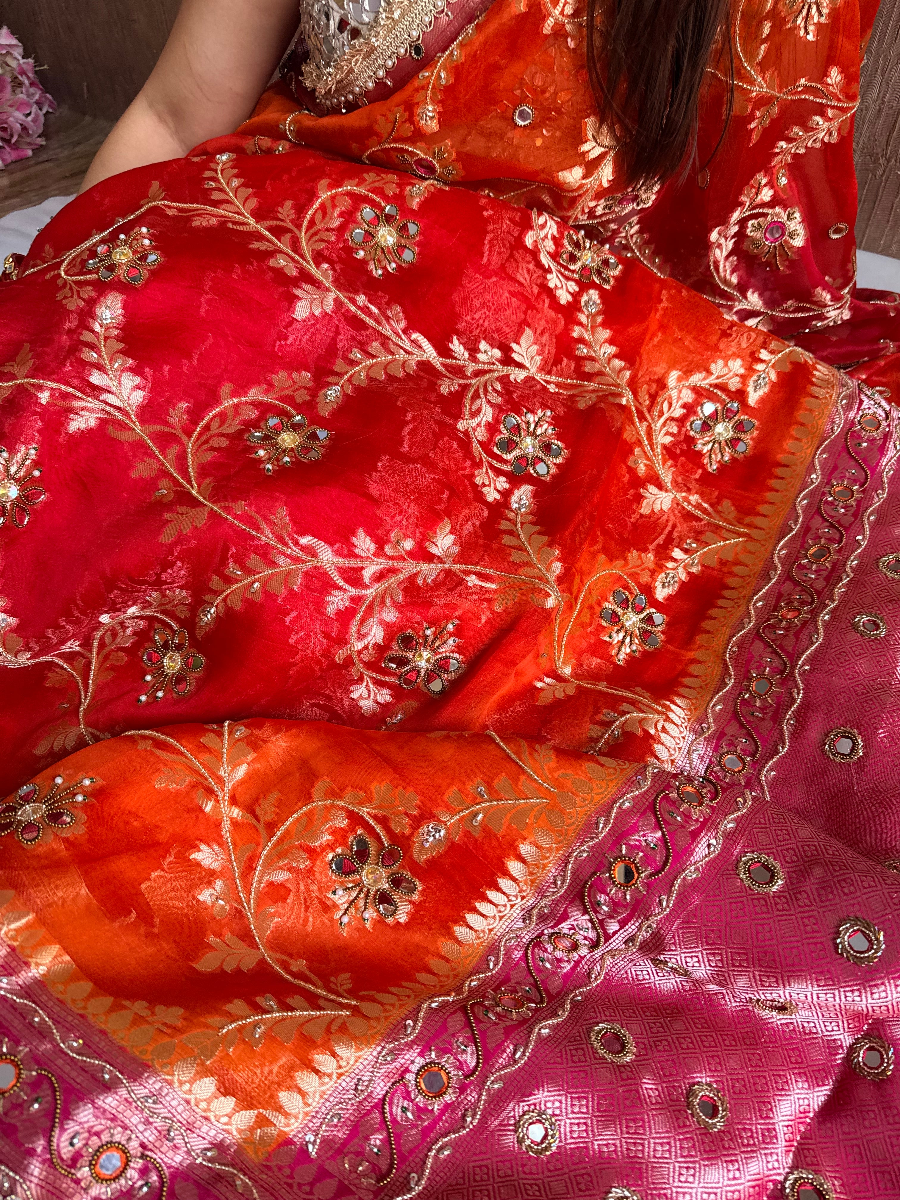 Kumkum edit jaalwork kora silk ombre shaded kadhwa saree