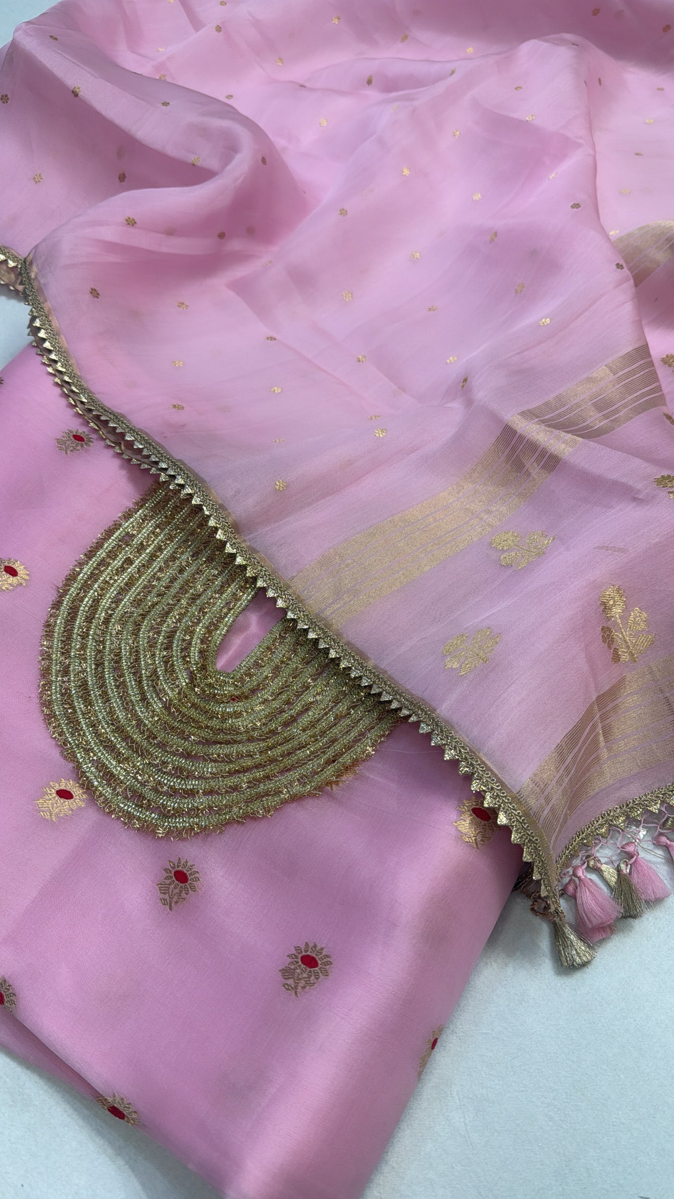 Blush pink kora silk gotapatti hand embroidered suit set