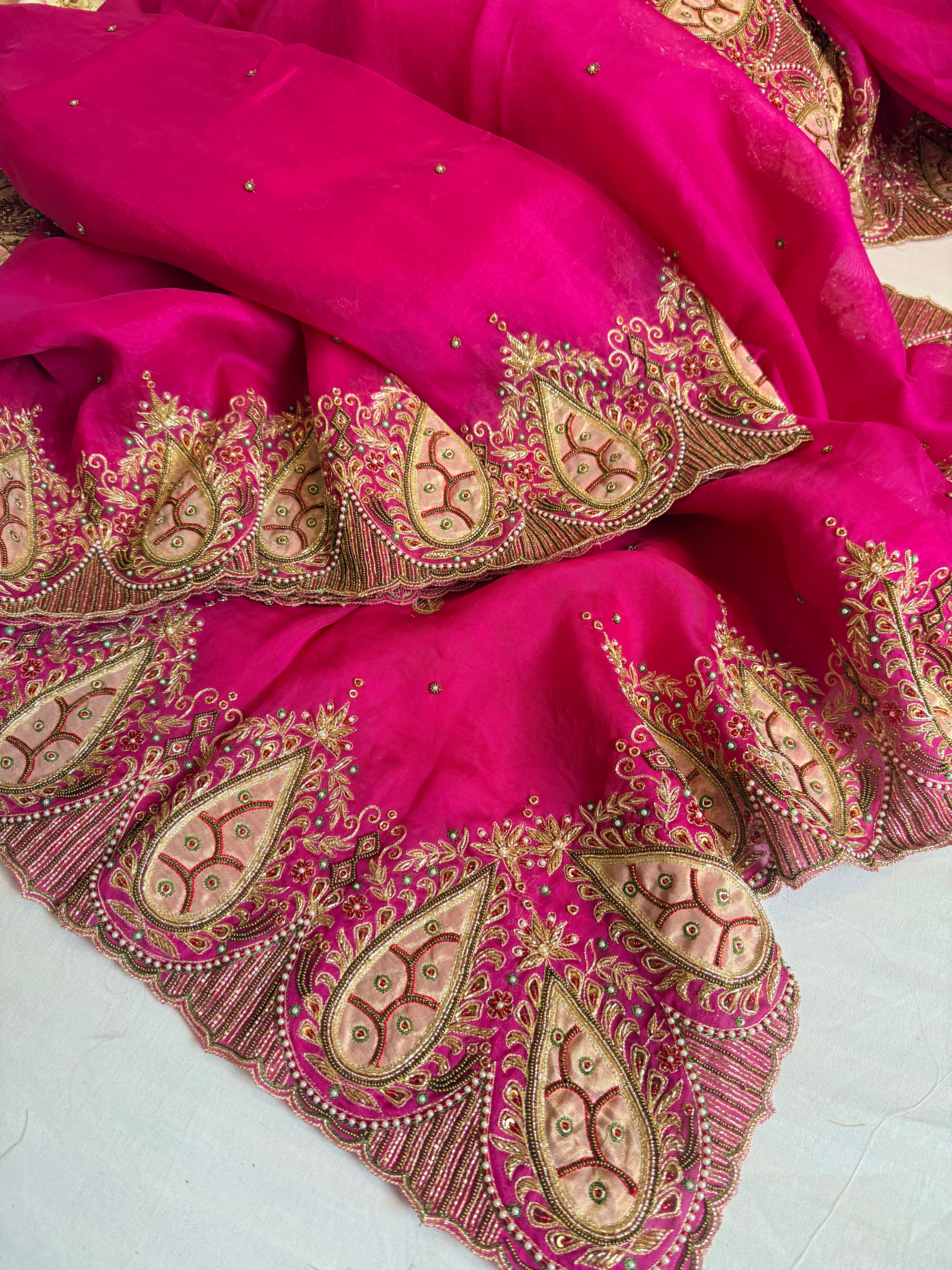 Gulab genda edit - Banarasi Kora silk hot pink hand embroidered saree