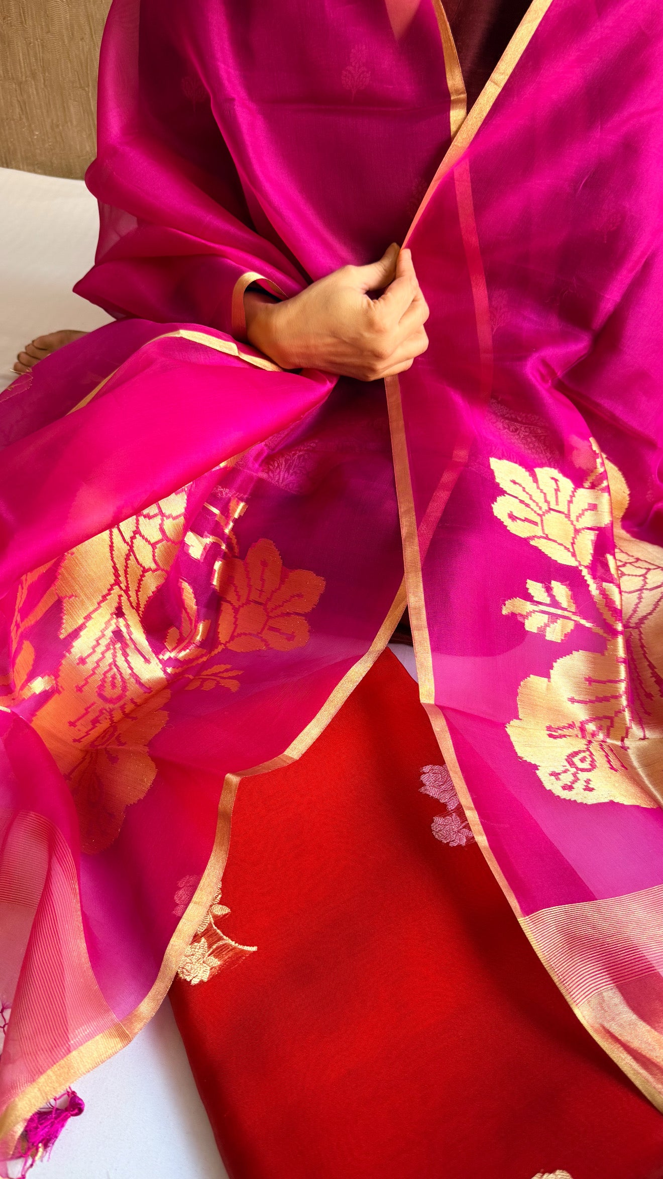 Peacock motif kora silk kadhwa mustard-red combination suit set