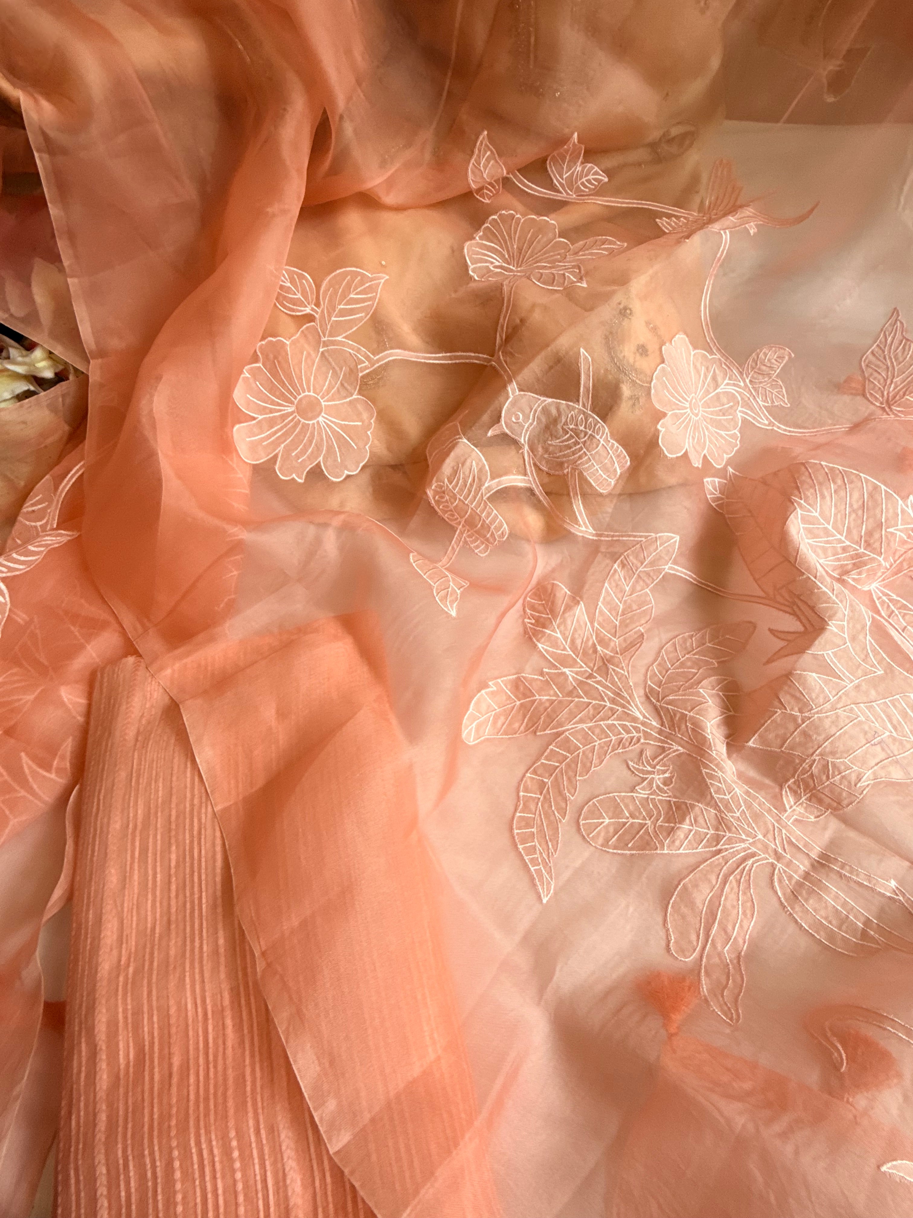 Appliqué work mul cotton striped kurta paired with kora silk embroidered duppata