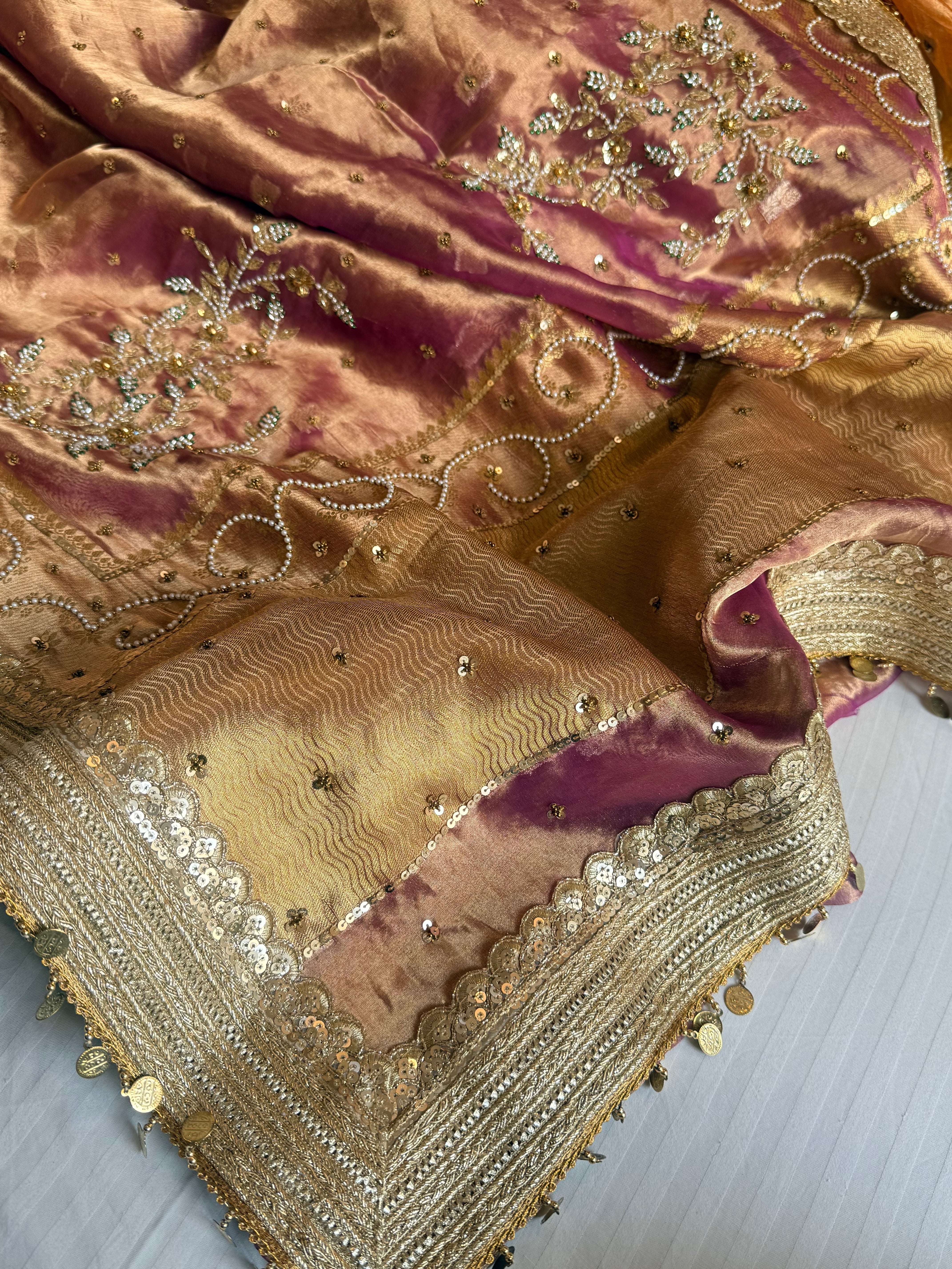 Salma-sitara molten lilac tissue silk antique work hand embroidered saree