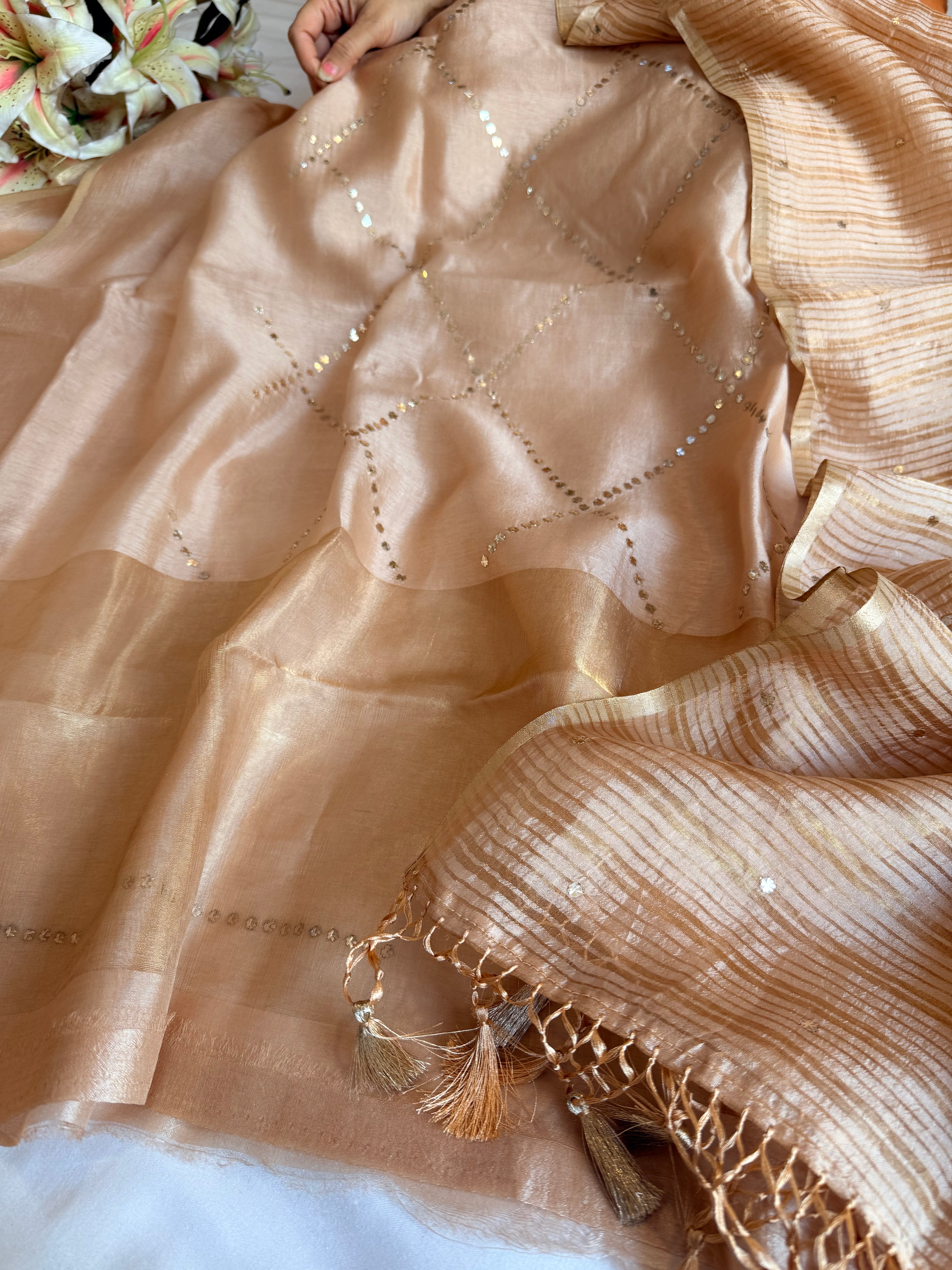 Summer suit edit - Spun chiniya silk mukaish work rose brown hand embroidered suit set