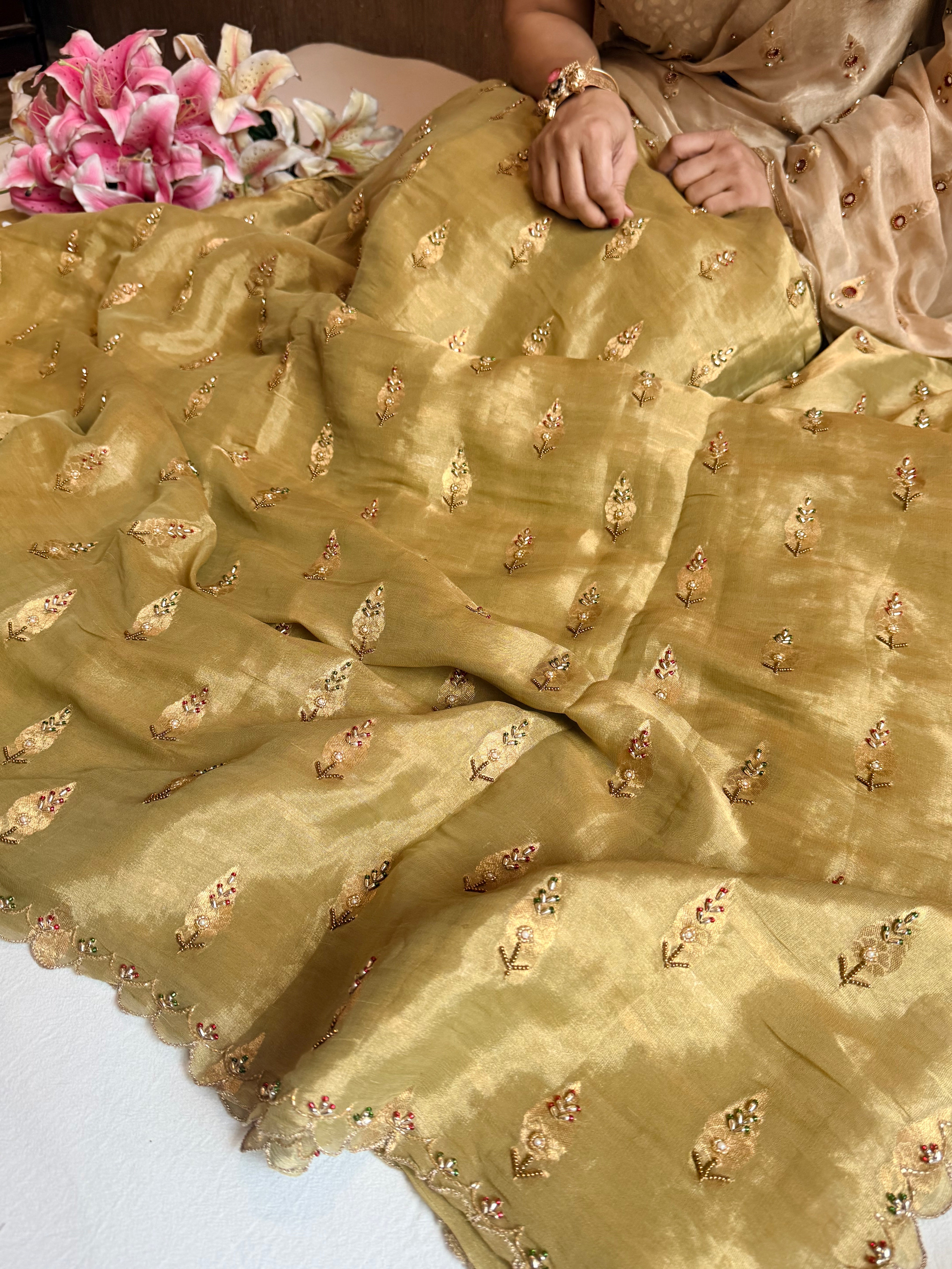 Chiffon tissue gorgette chunri buti hand embroidered kadhwa saree